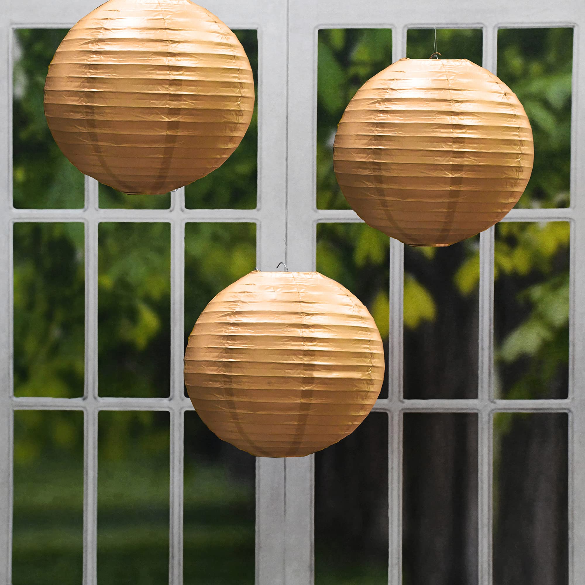 LumaBase 5-Pack Metallic Gold Round Paper Lanterns for Wedding Decor, Party Lighting, Home Decoration & Outdoor Events
