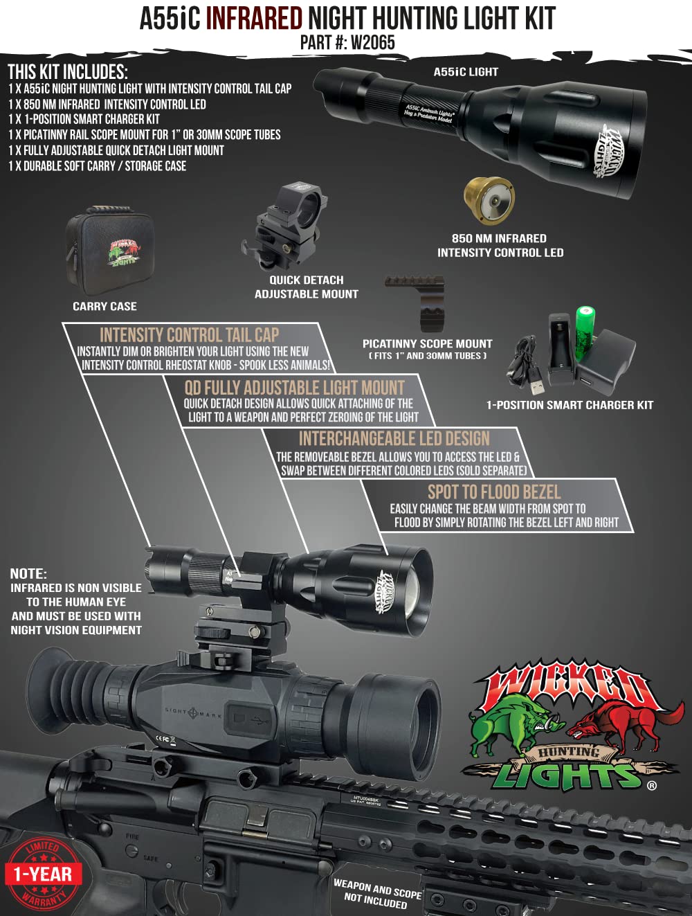 Wicked Lights A55iC Infrared Night Hunting Light Kit - Compatible with Night Vision Devices for Coyote, Fox, Bobcat, Hogs & Predators | Perfect for Night Hunting, Wildlife Observation & Security Surveillance
