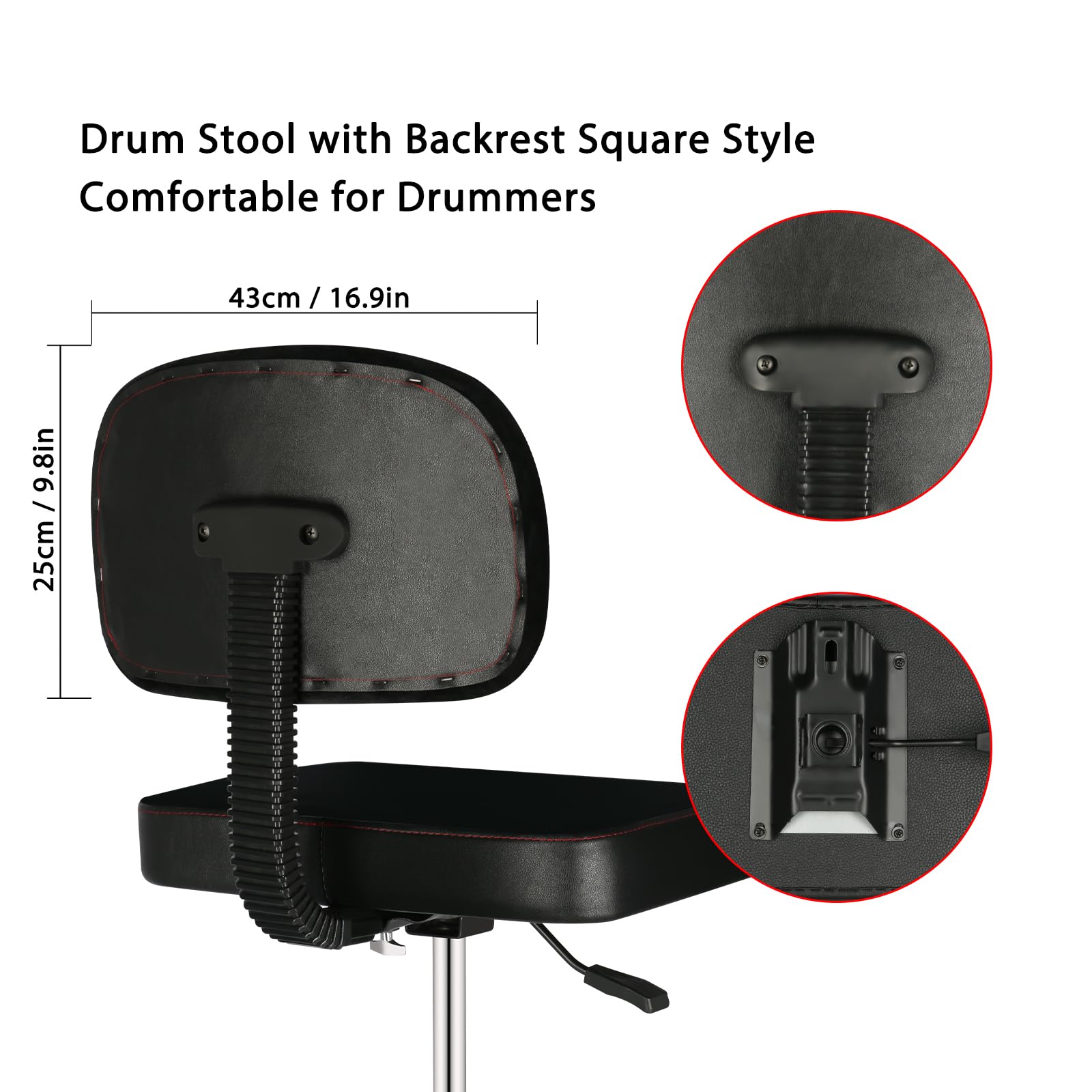 EASTROCK Heavy Duty Adjustable Drum Throne with Backrest - Rotatable & Height Adjustable Square Drum Seat for Drummers - Perfect for Home Studios, Live Performances & Practice Sessions (Square Black)