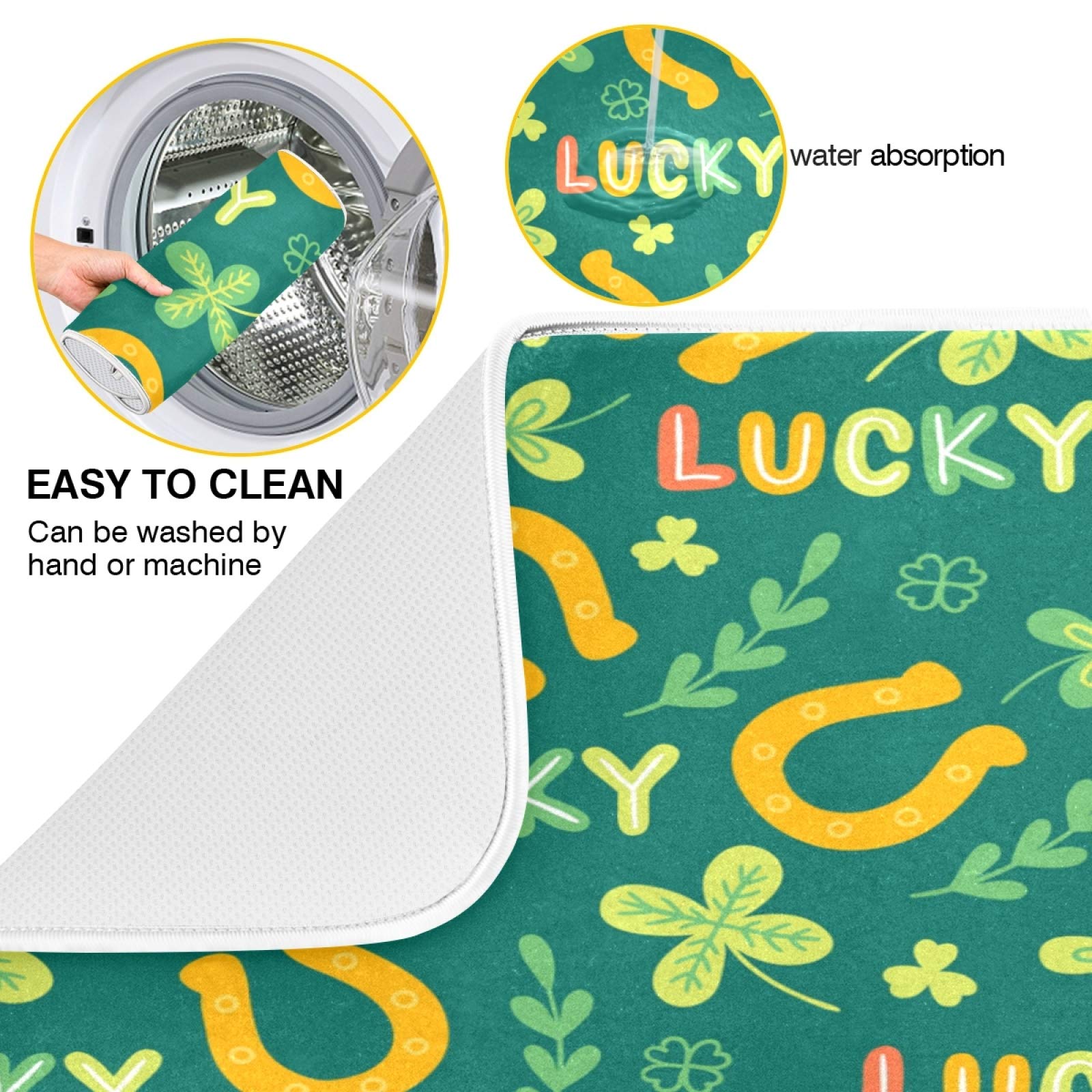 St. Patrick's Day Lucky Shamrock Dish Drying Mat - 18x24 Inch Golden Horseshoe Kitchen Countertop Dry Pad | Perfect for Irish-Themed Parties, Holiday Decor & Everyday Dish Drying