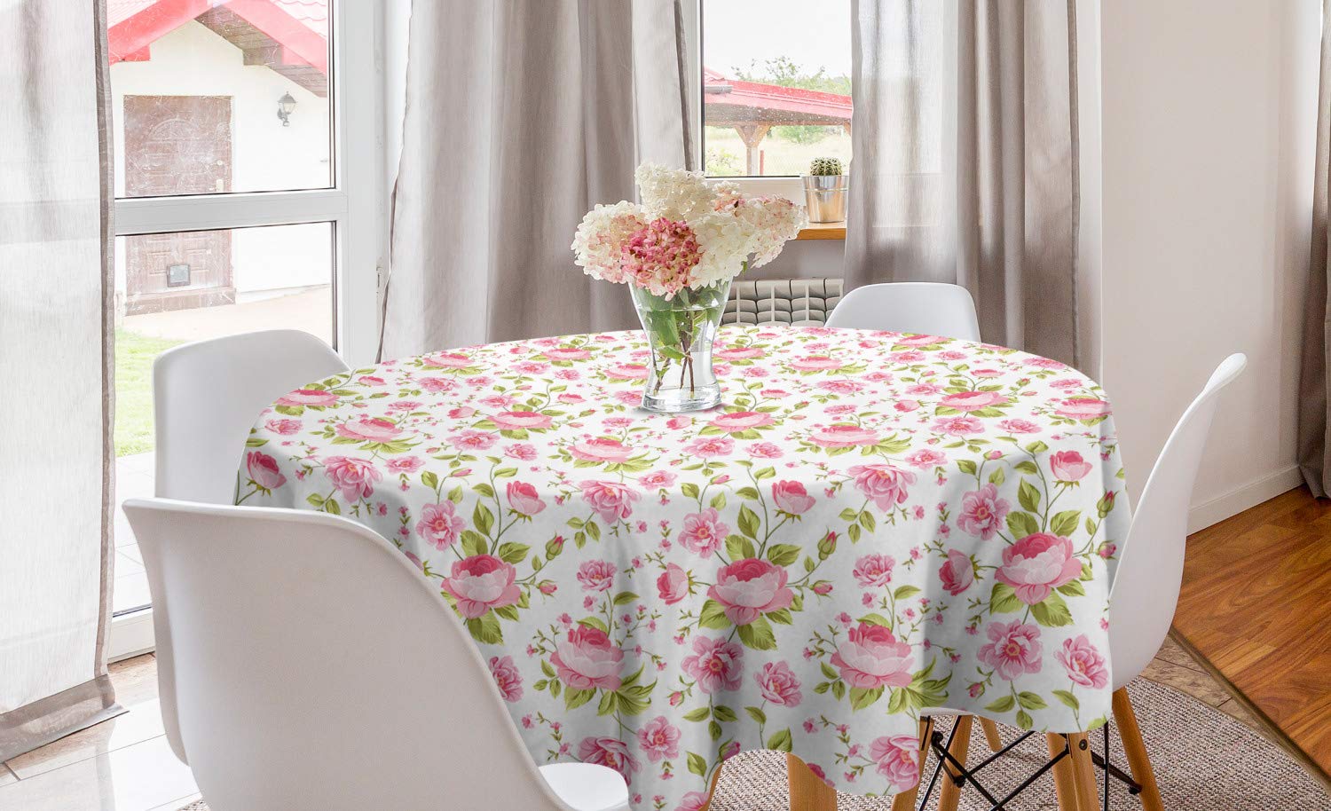 Ambesonne Vintage Pink Leaves Round Tablecloth - 60