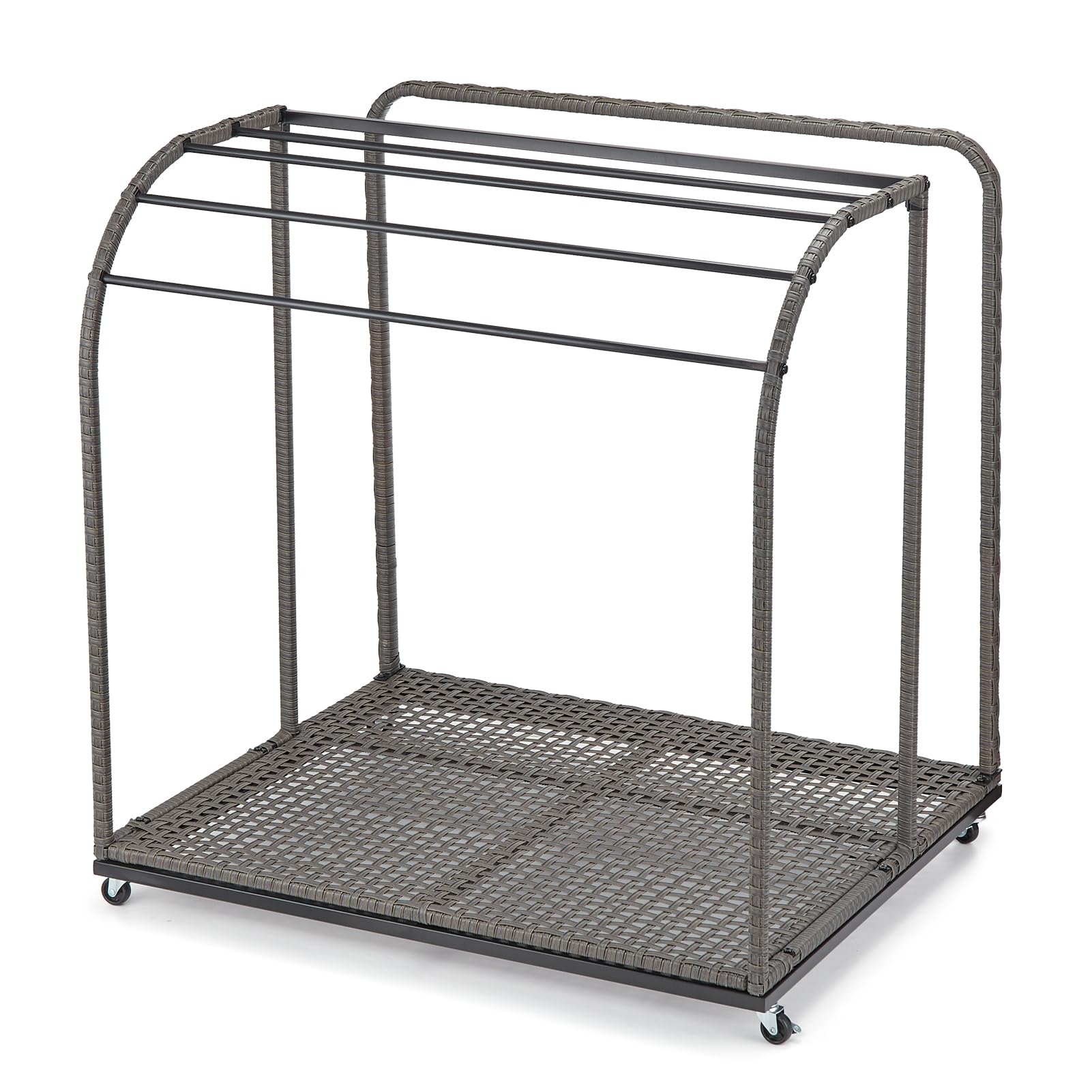IdealHouse Freestanding Poolside Outdoor Storage Organizer with 5-Bar Towel Rack & Rattan Base - Perfect for Pool Toys, Floats, Noodles & Swimming Rings - Great for Patio, Backyard, Pool Area & Indoor Use