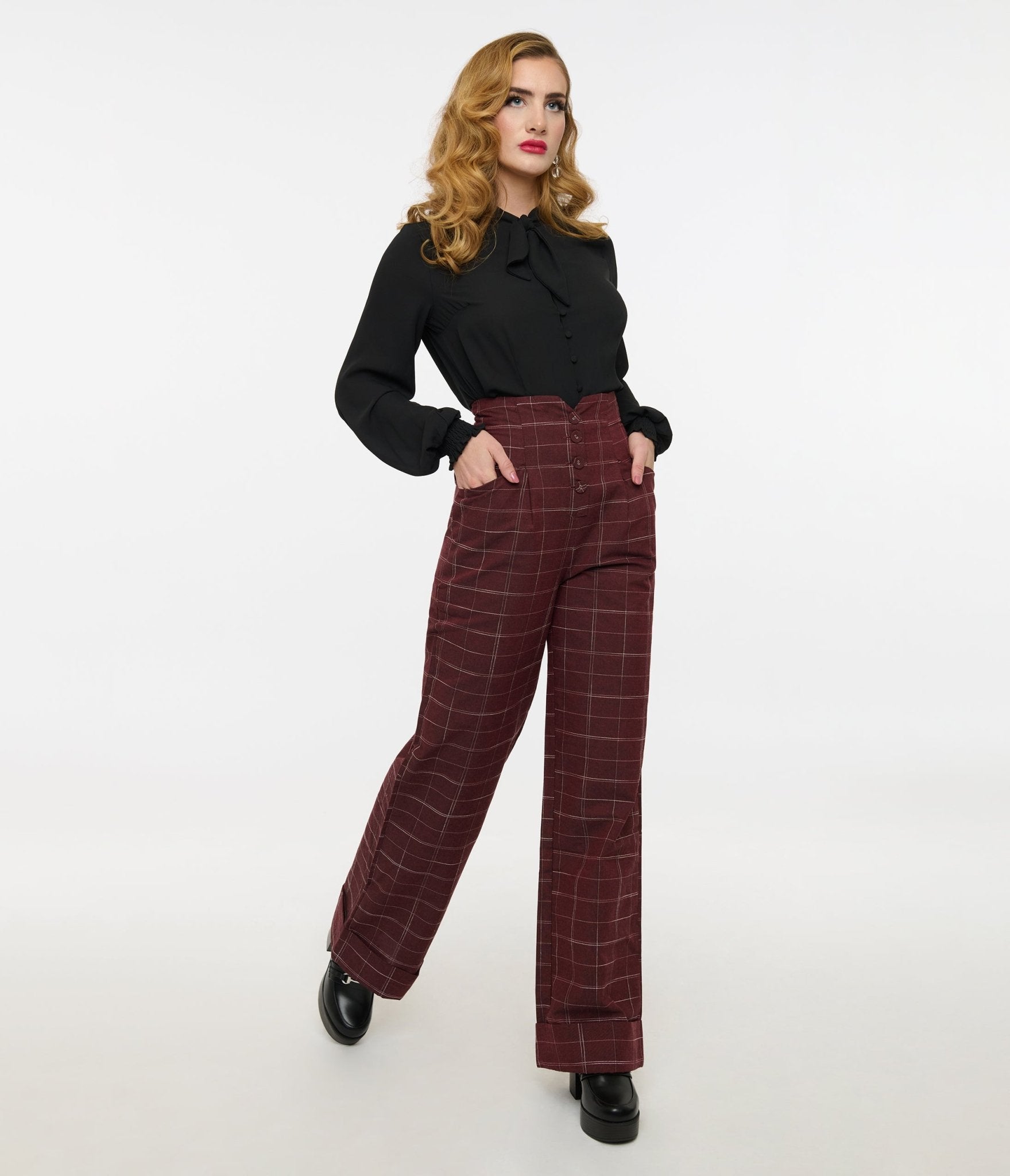 Vintage 1940s Burgundy Windowpane Wide Leg Pants with Button Closure - Retro High Waist Trousers for Women, Perfect for Cosplay, Themed Parties & Vintage Fashion Outfits