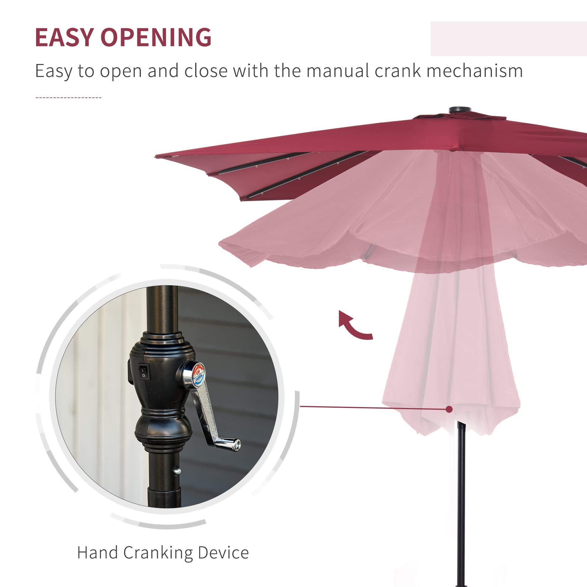 Outsunny 9' x 7' Solar LED Patio Umbrella with Tilt & Crank - Waterproof Outdoor Market Umbrella for Garden, Deck, Backyard, Pool & Beach - Perfect for Dining, Lounging and Outdoor Entertaining