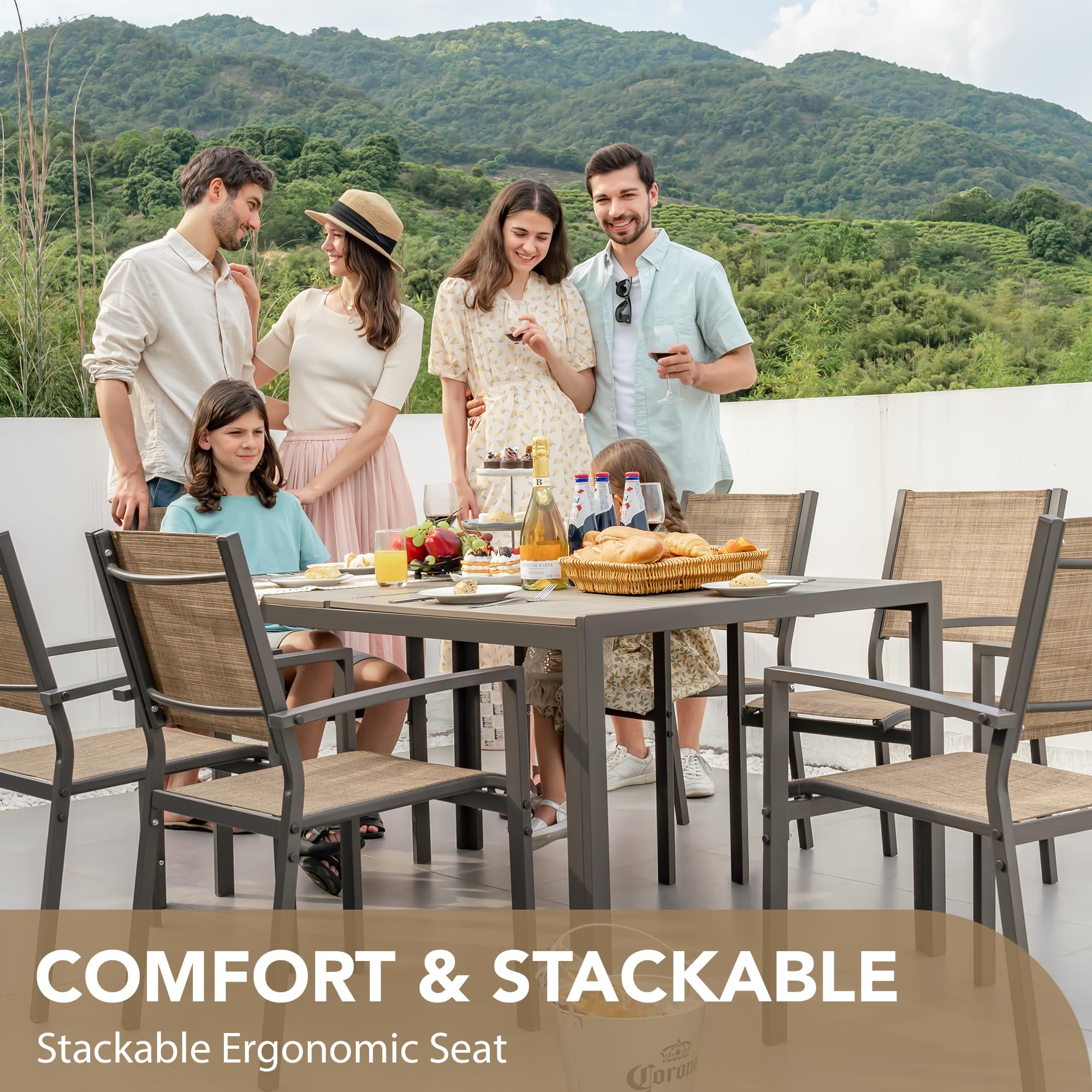 Devoko 7-Piece Patio Dining Set - Outdoor Furniture with Rectangular Table & 6 Stackable Chairs, Brown - Perfect for Garden, Backyard, Deck, and Poolside Gatherings