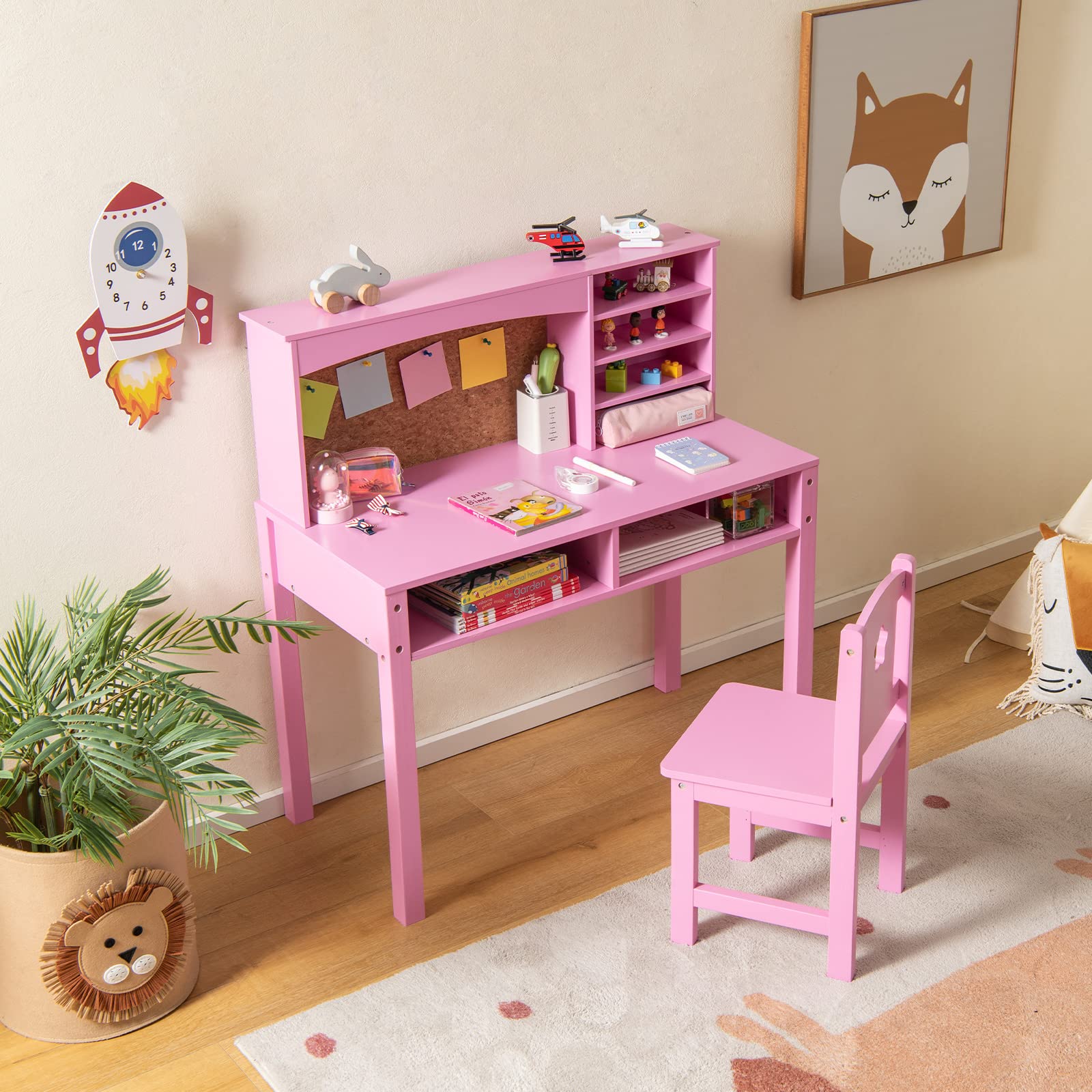 Costzon Kids Desk and Chair Set - Adjustable Wooden Study Desk with Storage Hutch, Cork Bulletin Board & Bookcase | Ergonomic Student Writing & Computer Workstation for Bedroom, Study Room & Homeschooling - Pink (Perfect for Remote Learning & Homework Organization)