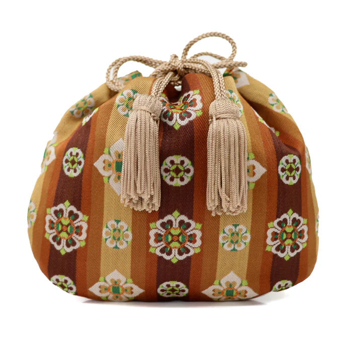 Nishijin Ori Small Drawstring Bag - Floral & Brown - Handmade in Kyoto Japan - Traditional Japanese Craft Purse for Coins, Jewelry & Gifts - Perfect for Tea Ceremony, Kimono Accessory & Cultural Events