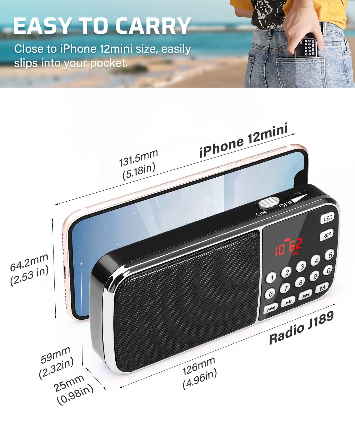 PRUNUS J-189 Portable Bluetooth AM/FM Radio with Dual Speaker Heavy Bass, LED Flashlight, TF Card/USB/AUX MP3 Player - Rechargeable Battery Operated Pocket-Sized Radio (Black) - Perfect for Camping, Travel, Emergency & Outdoor Activities