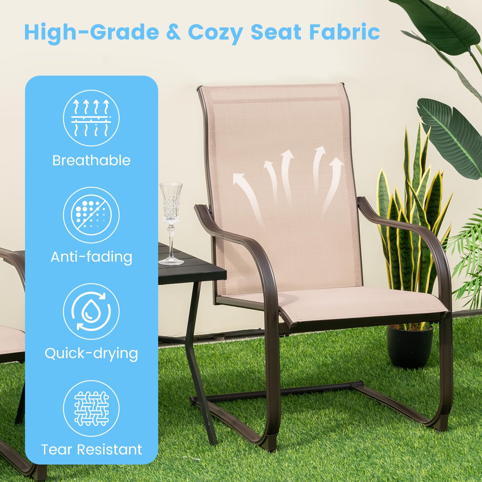Tangkula 2-Piece Outdoor Dining Chairs Set - Patio C-Spring Motion Chairs with Breathable Fabric & Heavy-Duty Metal Frame - Comfortable High Back Chairs for Backyard, Porch, Poolside, Garden (Brown) - Perfect for Relaxing, Entertaining & Outdoor Dining