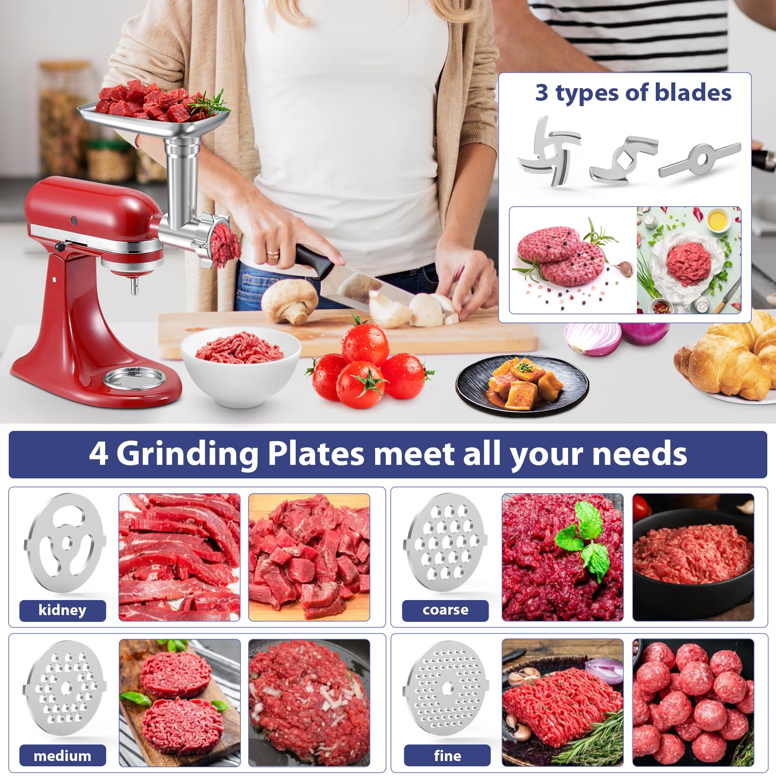 KitchenAid Stand Mixer Metal Food Grinder Attachment - Heavy Duty Meat Grinder with Sausage Stuffer Tubes, Holder, Grinding Plates & Blades - Perfect for Homemade Burgers, Sausages & Pet Food