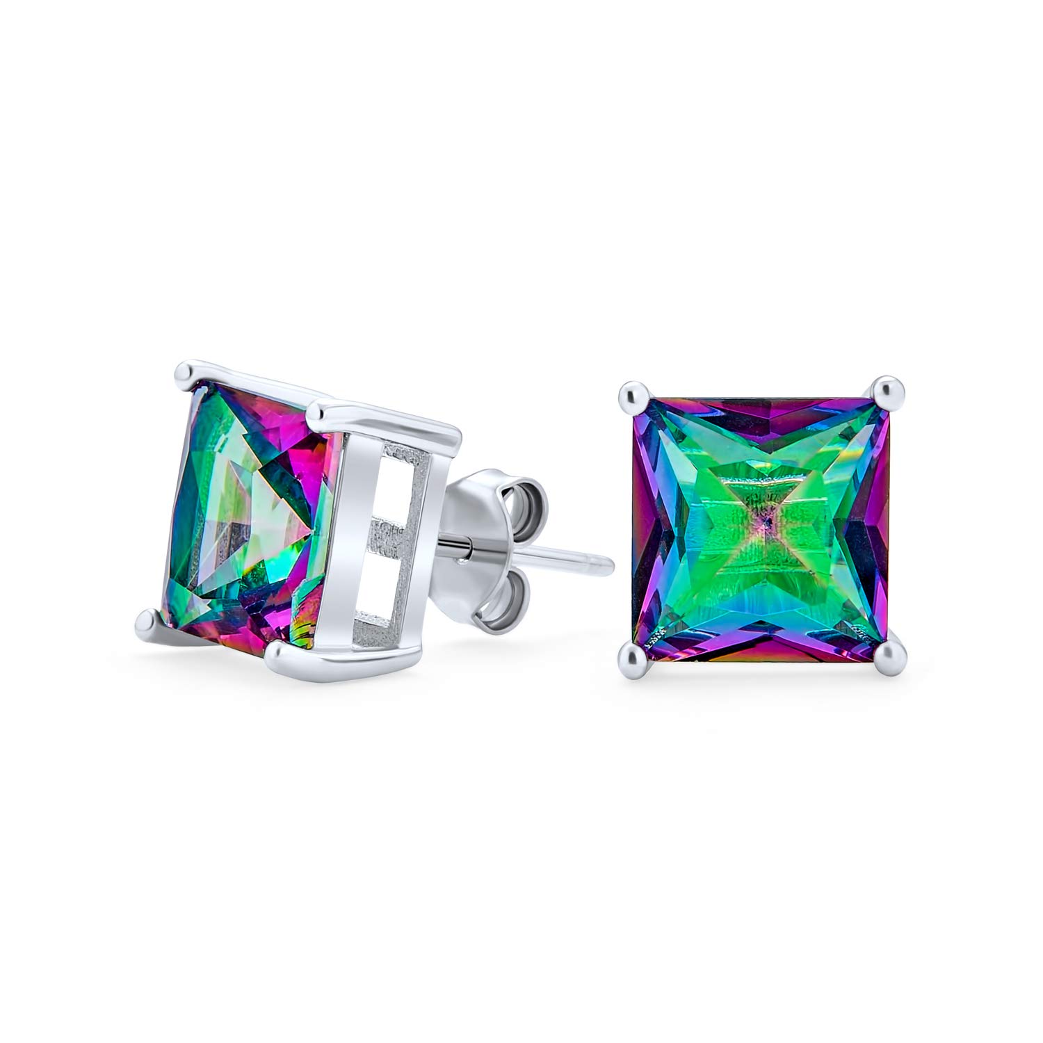Square Black Mystic Rainbow Princess Cut Cubic Zirconia CZ Stud Earrings for Women & Men - 925 Sterling Silver (5-9mm) | Elegant Gift for Birthday, Anniversary & Special Occasions