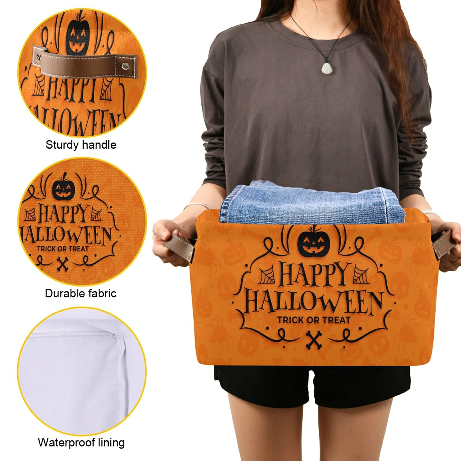Halloween Pumpkin Foldable Storage Baskets - 2 Pack Collapsible Waterproof Fabric Storage Bins with Handles, Sturdy Canvas Storage Cubes for Organizing Shelves, Nursery, Home & Closet - Perfect for Seasonal Decor & Home Organization