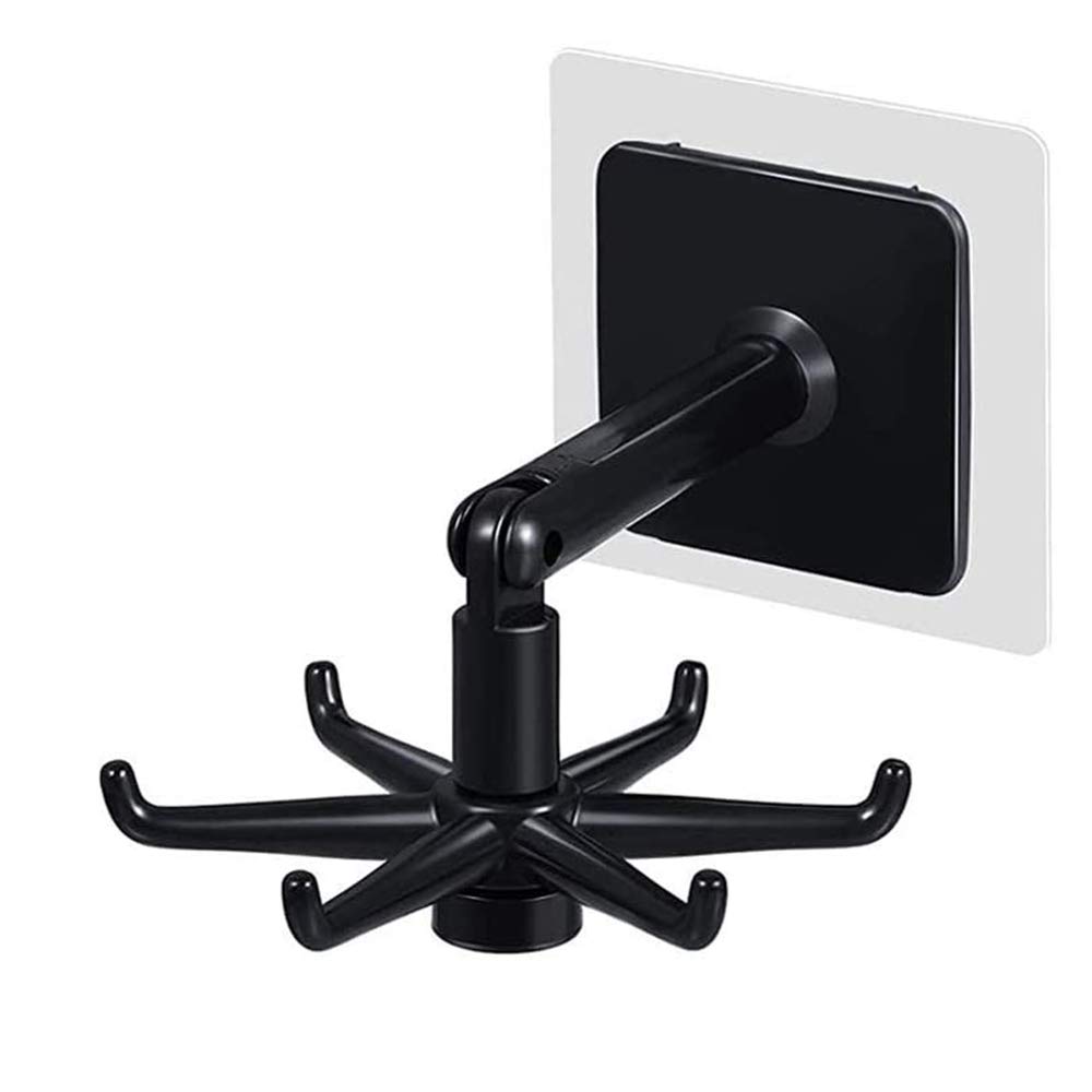 365Home 360° Rotating Folding Wall Mount Kitchen Utensil Holder - 6 Self-Adhesive Hooks for Hanging Utensils, Towels & More - Space Saving Organizer for Kitchen, Bathroom, Cabinet (Black) - Perfect for Small Spaces & Clutter-Free Homes