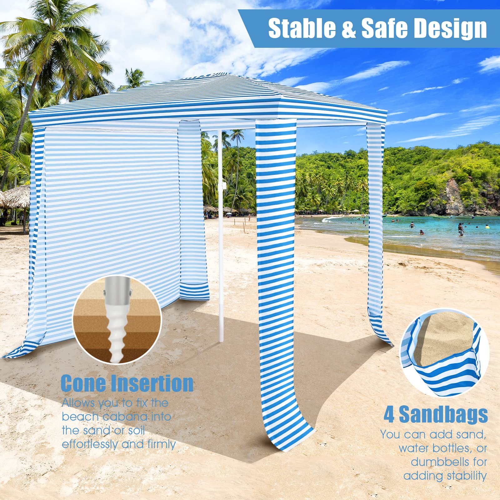 6.7’ x 6.8’ Portable Beach Cabana Tent - Easy Setup Sun Shelter with Adjustable Height, Detachable Sidewall, Carry Bag & 4 Sandbags (NP10352BL) - Perfect for Beach, Poolside, Camping & Outdoor Family Gatherings