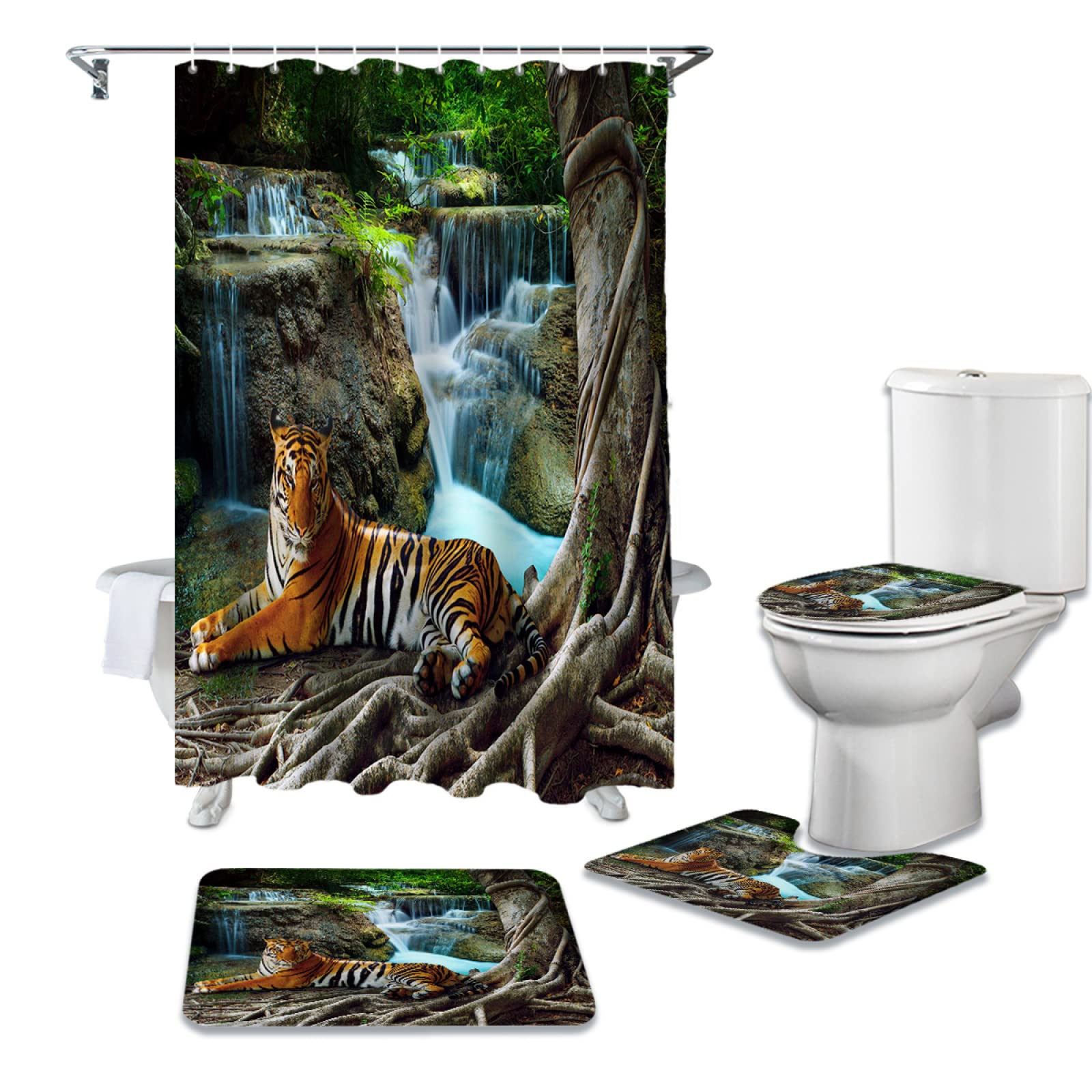 4 PCS Forest Animal Tiger Shower Curtain Set with 12 Hooks, Non-Slip Bath Mat, U-Shaped Floor Mat & Toilet Lid Cover - Waterproof Bathroom Decor for Kids & Adults, Perfect for Jungle Theme Bathroom Design