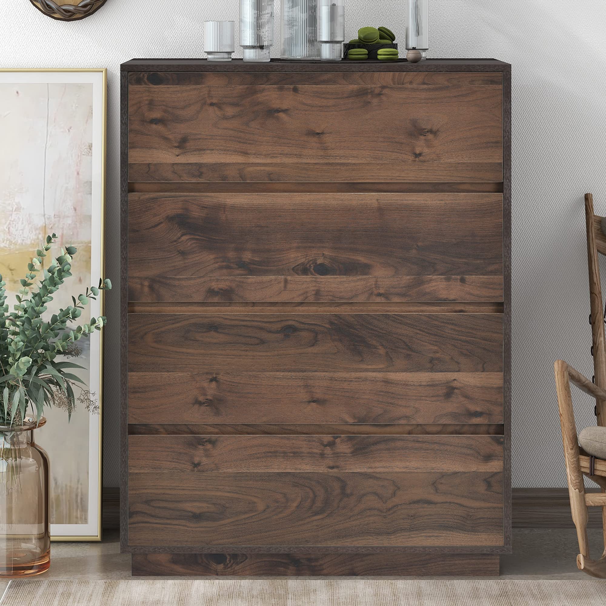 Modern 4-Drawer Wooden Dresser - Solid Wood Chest of Drawers for Bedroom Storage, Tall Storage Cabinet with Smooth Gliding Drawers - Perfect for Bedroom, Living Room, Hallway Organization - Rich Dark Brown Finish
