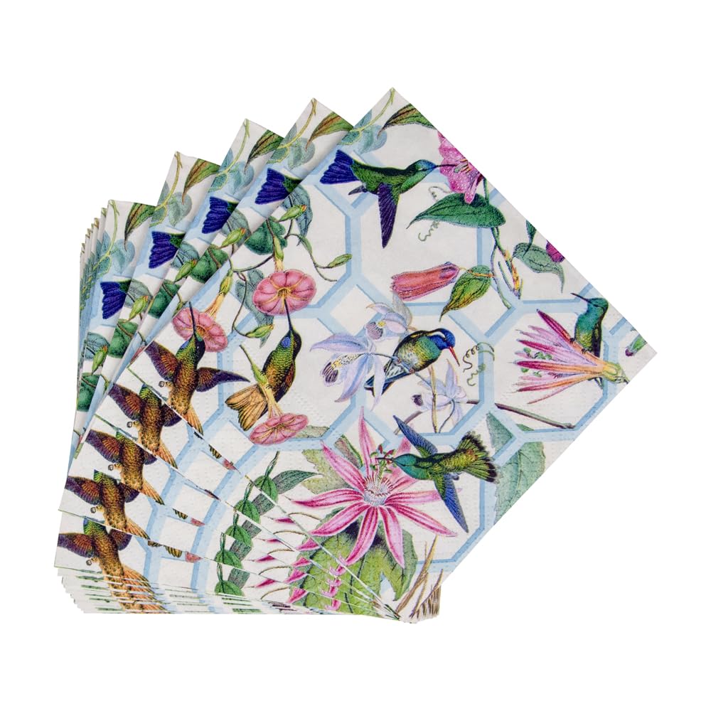 Caspari Hummingbird Trellis Paper Cocktail Napkins - 40 Count, Floral Bird Design, Disposable Party Napkins for Weddings, Bridal Showers & Garden Events