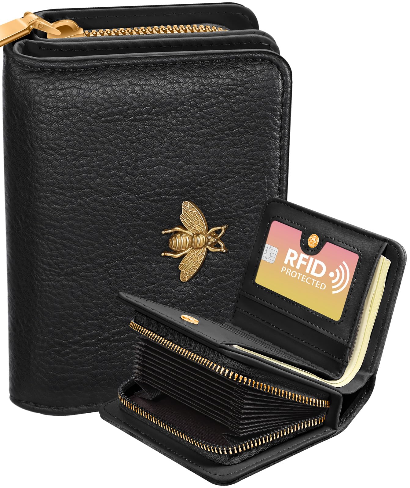 Stylish RFID Blocking Leather Credit Card Holder Wallet for Women - Cute Bee Print Accordion Purse with Zipper - Perfect for Teens & Ladies (Small/Medium) - Ideal for Everyday Use, Travel & Gift Giving