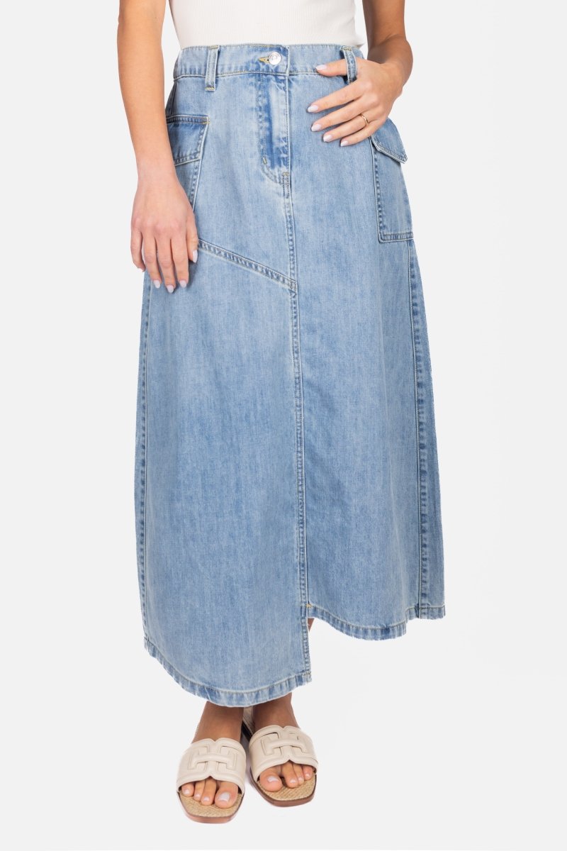WILLA Blue Skirt for Women - Flowy A-Line Midi Skirt with Pockets - Perfect for Casual Outfits, Office Wear, and Summer Dresses