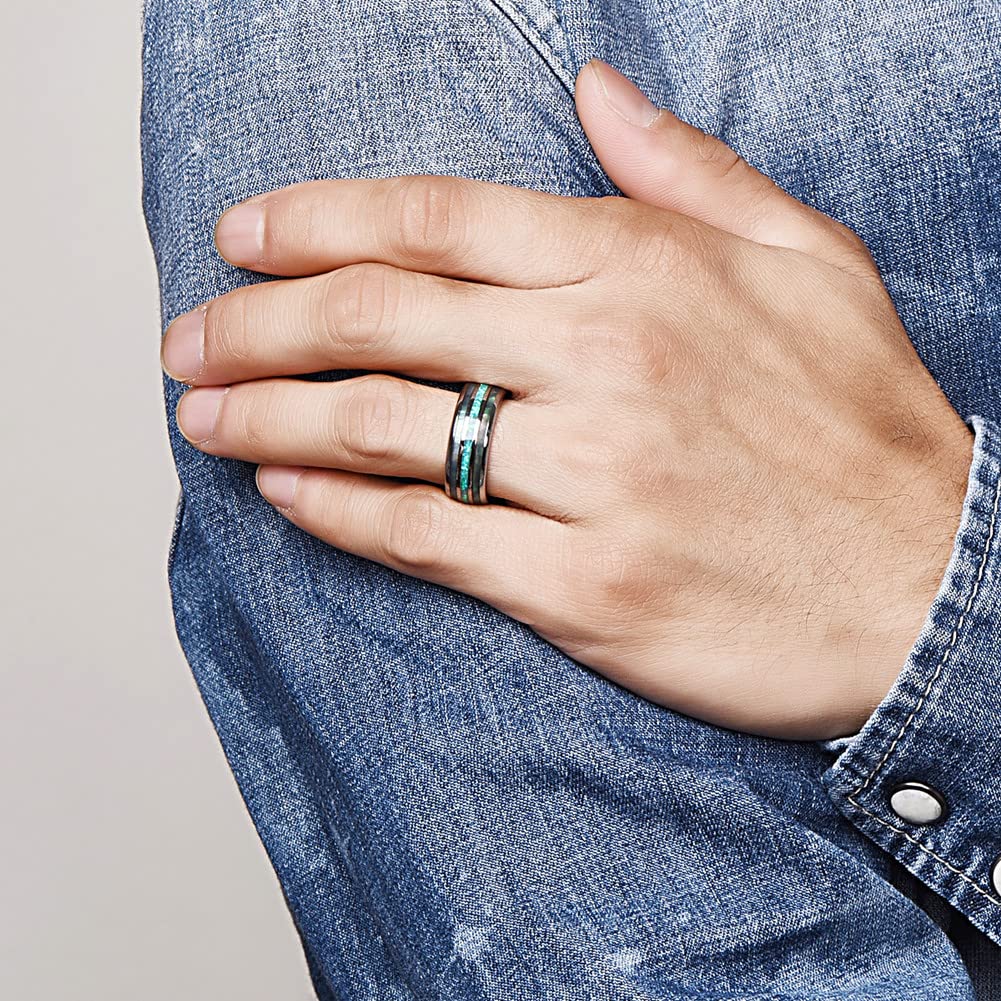 Men's Tungsten Wedding Band - 8mm Comfort Fit Ring with Real Blue/Green Opal & Abalone Shell - Size 7-12 - Durable Tungsten Carbide Engagement Ring for Men - Perfect for Weddings, Anniversaries & Everyday Wear
