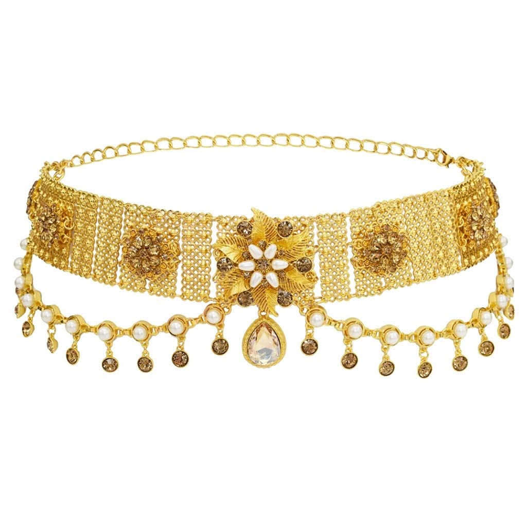 Elegant Metal Belly Dance Belt Chain with Crystal Pearls & Butterfly Carved Flower Design - Perfect for Professional Performances, Costume Accessories, and Dance Practice