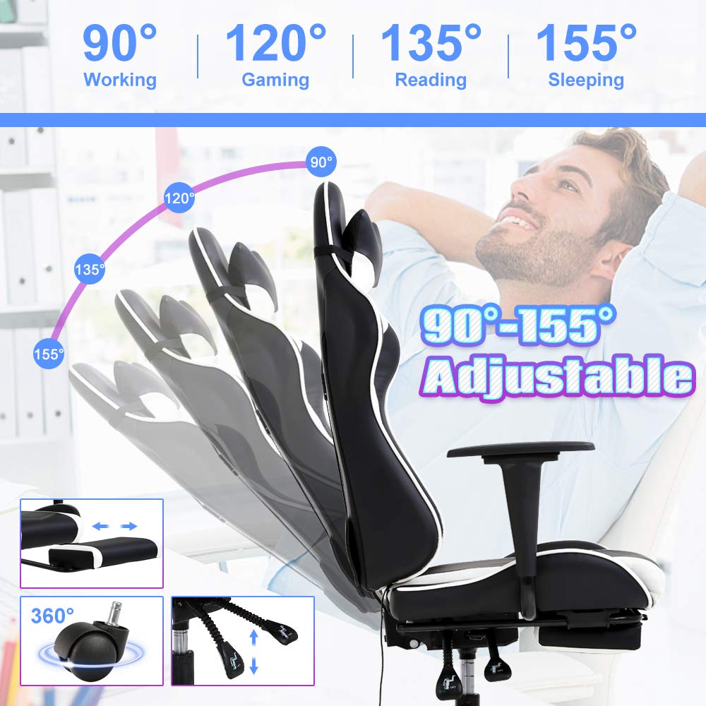 Premium Ergonomic PC Gaming Chair with Lumbar Support & Massage Function - Adjustable Racing Office Chair with Headrest & Footrest for Home & Work - White - Perfect for Long Gaming Sessions & Office Work