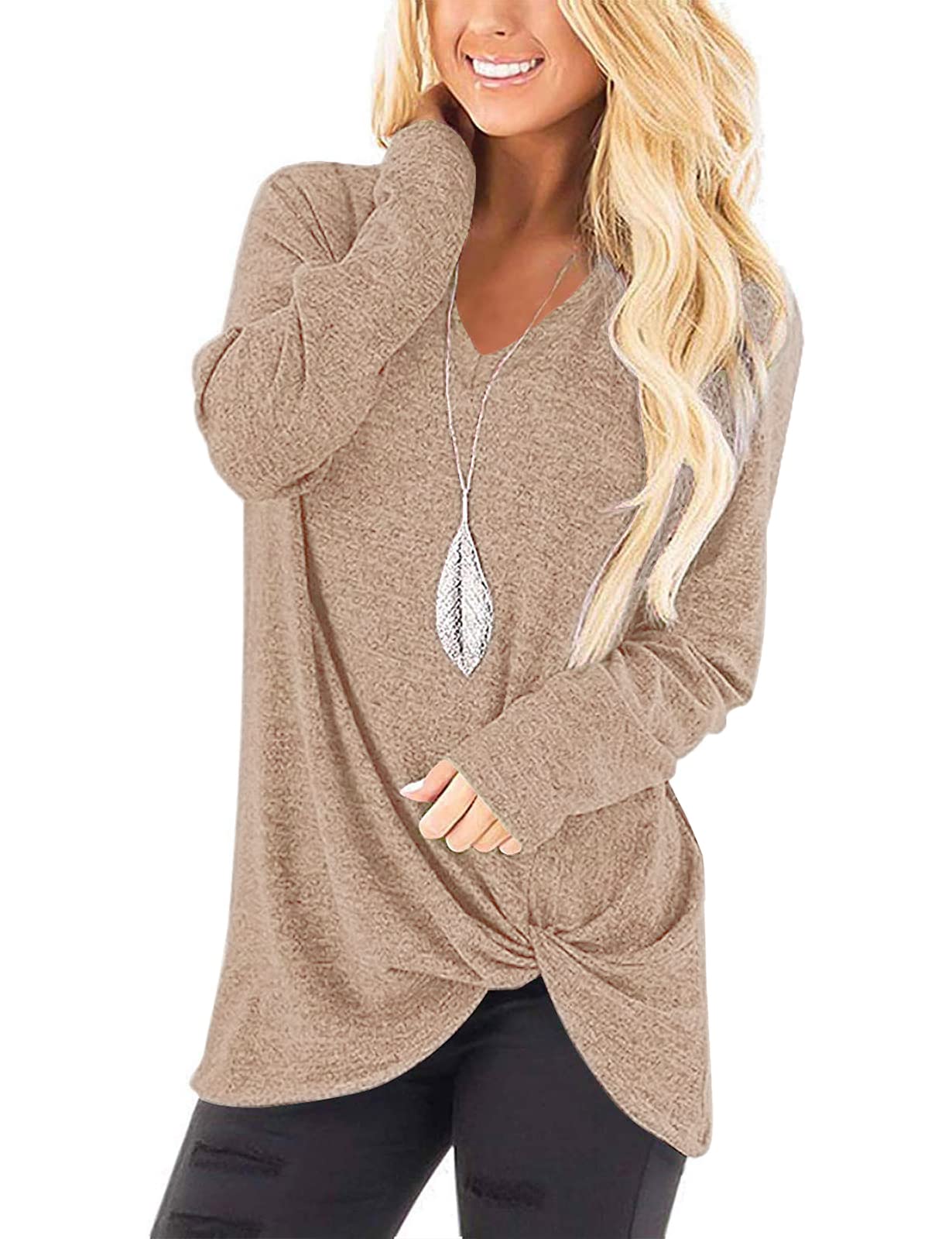 SimpleFun Women's Long Sleeve V-Neck Loose Fit Knotted Tunic Sweater Blouse - Casual Fall Tops for Work, Date Night & Layering Outfits