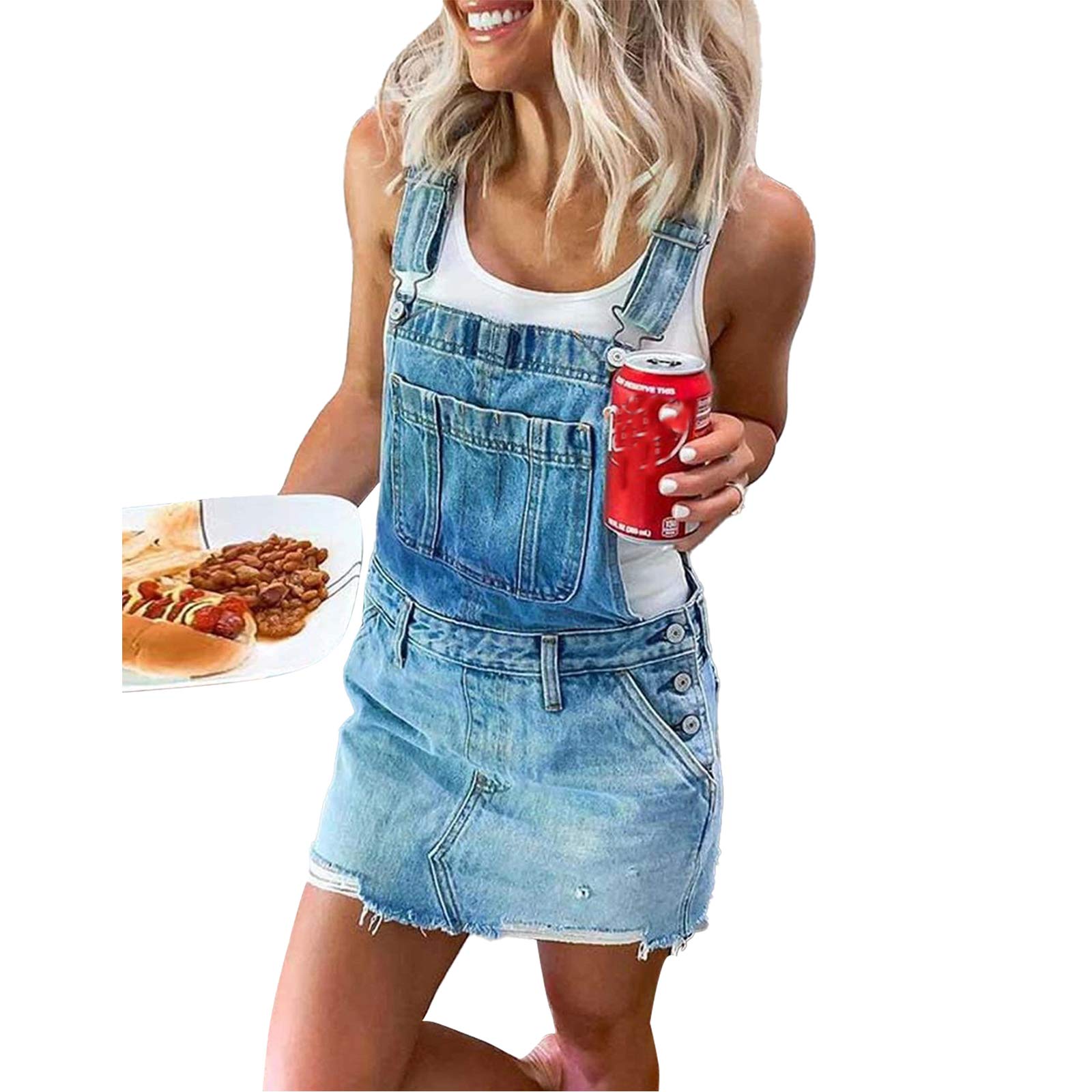 Women's Denim Backless Overall Dress with Adjustable Straps - Ripped Mini Shorts, Camouflage Star Flag Pockets & Button Details | Casual Outfit, Streetwear, Summer Fashion, Festival Wear