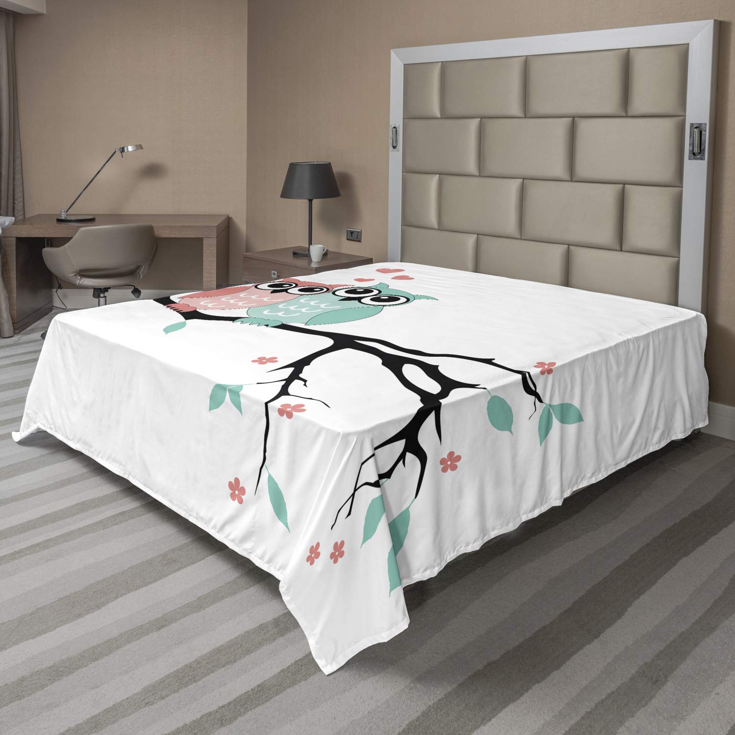 Ambesonne Queen Size Flat Sheet - Soft & Comfortable Owl Couple Design in Teal, White, Turquoise, Coral & Black | Romantic Valentine's Bedding for Couples | Perfect for Master Bedroom, Guest Room & Cozy Home Decor