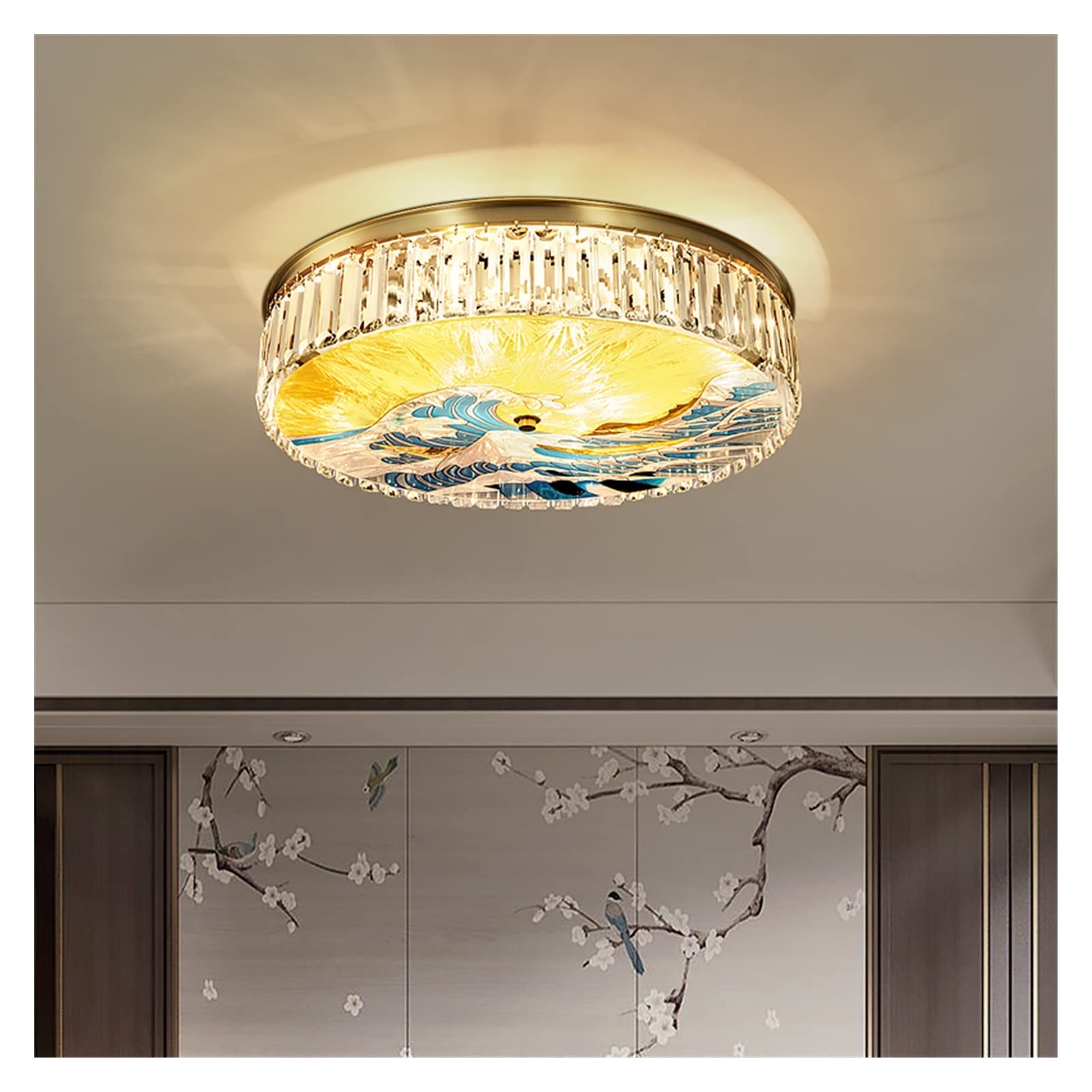 Modern LED Chandelier - SLLSHG Crystal Ceiling Light with Stained Glass, Painted Enamel Finish for Luxury Bedroom, Study or Hallway | Energy-Efficient Hanging Lamp in Classic Chinese Style