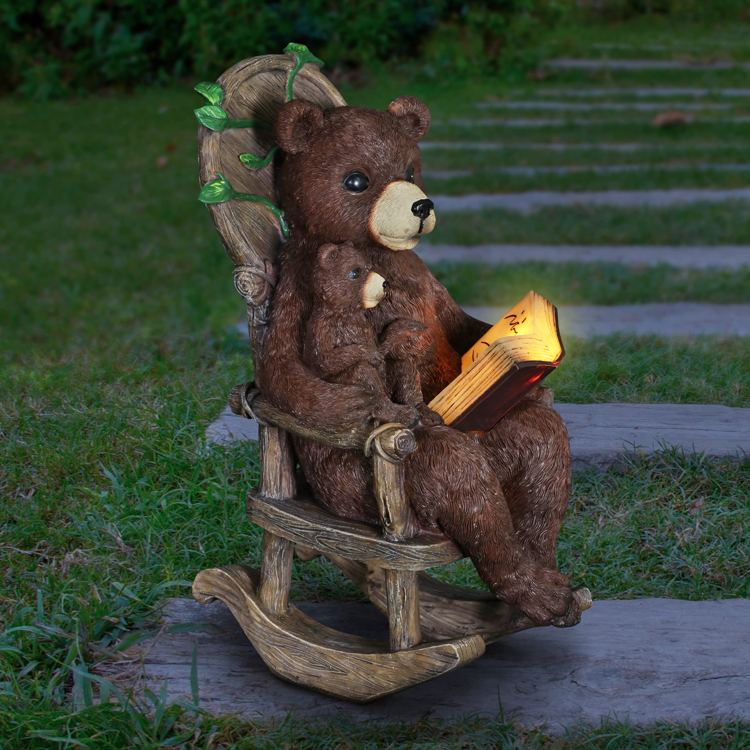 Solar-Powered Bear Family Reading Statue with LED Book – Outdoor Garden Decoration for Patio, Lawn & Yard – 9 x 12.5 Inch Exhart Garden Sculpture – Perfect for Storybook Gardens & Cozy Outdoor Spaces