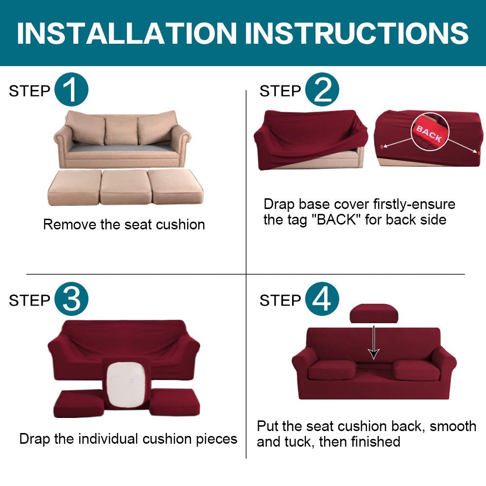 Turquoise and Burgundy Stretchable Sofa Cover Set - 3 Seater Couch Cover + 2 Seater Loveseat Slipcover | Soft Spandex Jacquard Fabric | Perfect for Living Room, Bedroom, and Home Decor Protection
