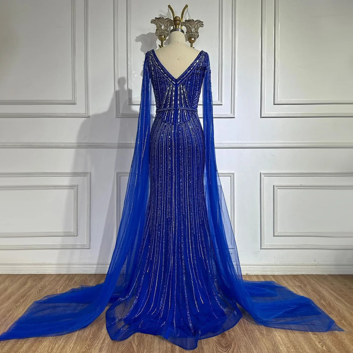 Elegant Dubai Royal Blue Beaded Arabic Evening Gown with Cape Sleeves - Luxury Women's Party Dress for Special Occasions | Perfect for Weddings, Galas & Formal Events 2025 LA72502