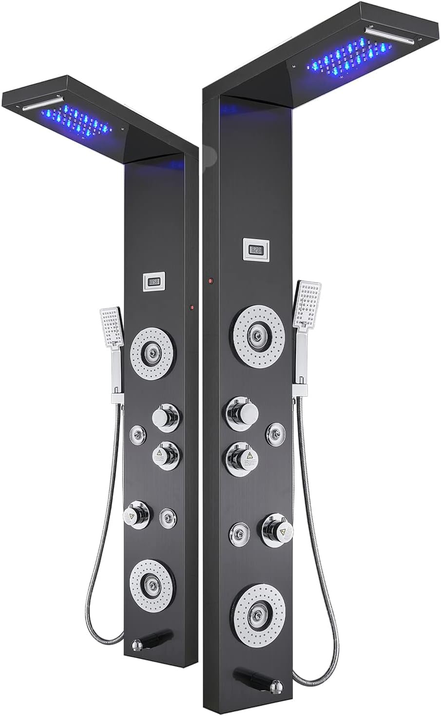 ELLO&ALLO Black Stainless Steel Shower Panel Tower with LED Rainfall Shower Head, 6 Body Jets & Massage System - Perfect for Luxury Bathroom Renovation and Spa-Like Shower Experience