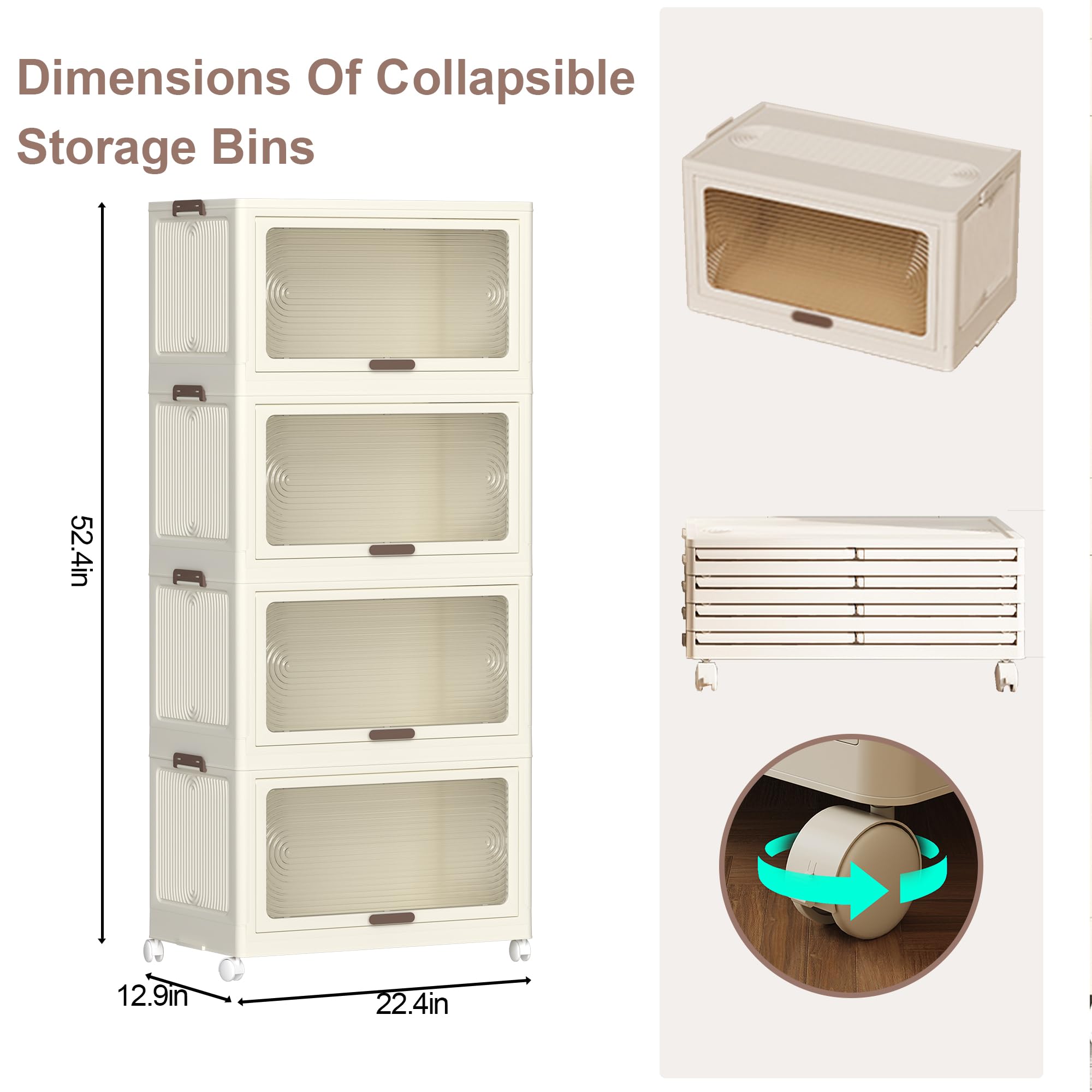 4 Tier Plastic Storage Bins with Lids 78QT - Stackable, Collapsible Storage Containers with Wheels for Closet, Living Room, Office & Dorm Organization | Space-Saving Foldable Storage Boxes for Home & Office Use