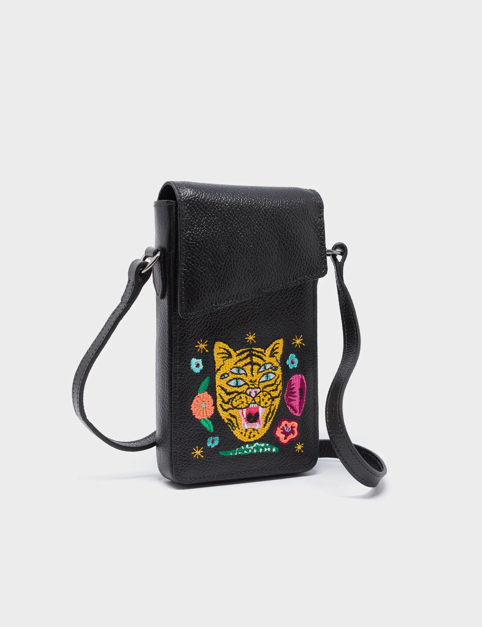 Max Black Crossbody Phone Pouch with Happy Tiger Embroidery - Stylish & Secure Cellphone Holder for Women & Men - Perfect for Travel, Shopping & Daily Use