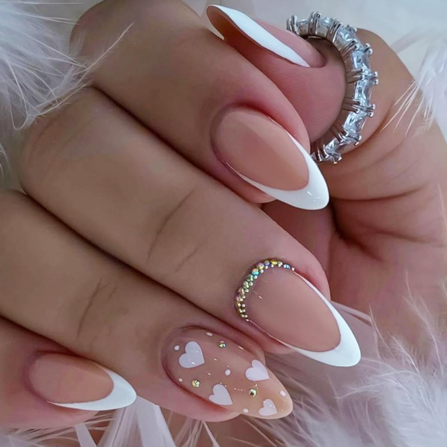 24Pcs Valentine's Day Press on Nails - White French Love Design Glossy Almond Glitter Heart Fake Nails | Full Cover Stick on Acrylic Nails with Sparkly Manicure Art | Perfect for Date Night, Bridal Shower & Romantic Occasions