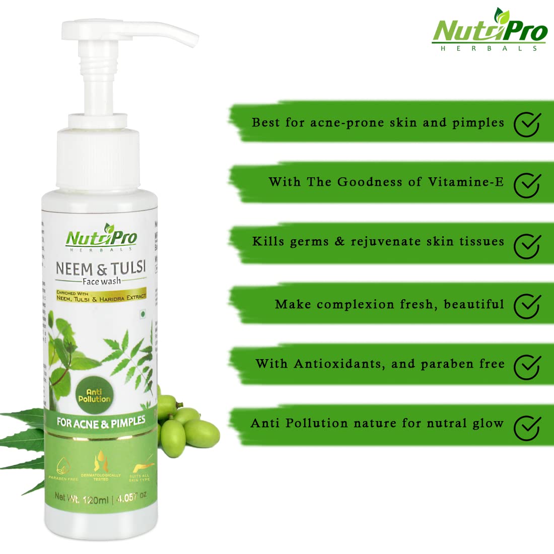 NutriPro Neem & Tulsi Face Wash for Acne & Pimples - Natural Neem, Tulsi & Turmeric Extract - Anti-Pollution, Paraben & Sulfate Free (120ml) - Gentle Cleansing for Oily & Acne-Prone Skin - Daily Skincare Routine
