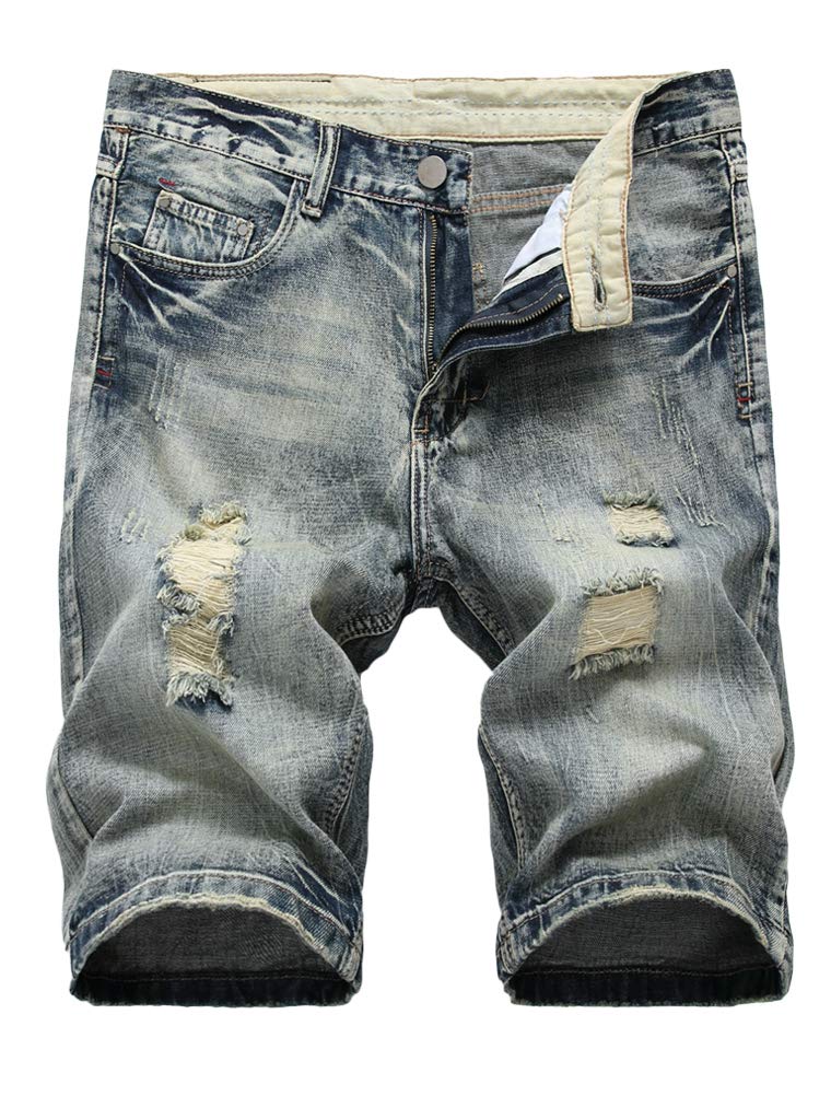 FTCayanz Men's Ripped Denim Shorts - Classic Straight Fit Distressed Jean Shorts with Holes for Summer | Casual Streetwear & Beach Outfits