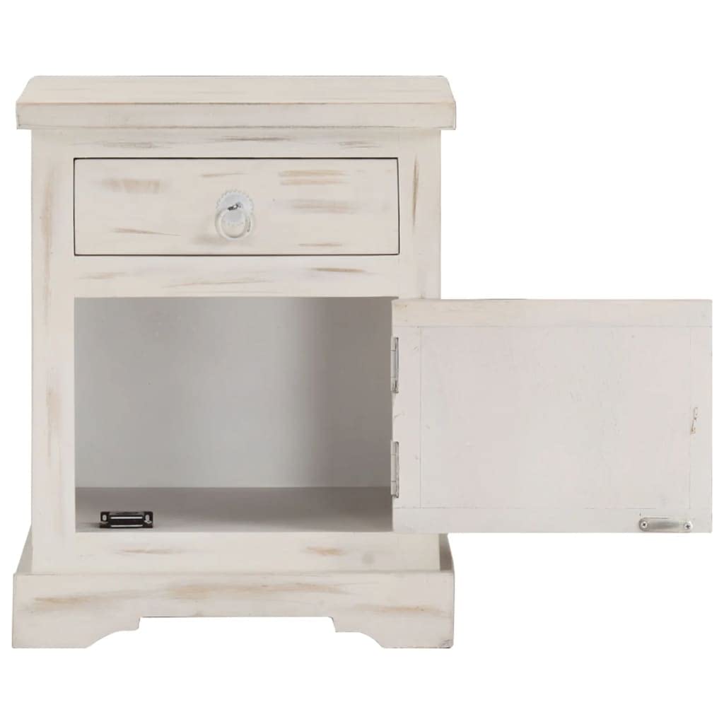 vidaXL Solid Mango Wood Bedside Cabinet with Drawer and Door - Antique-Style White Nightstand for Bedroom, Living Room, 15.7