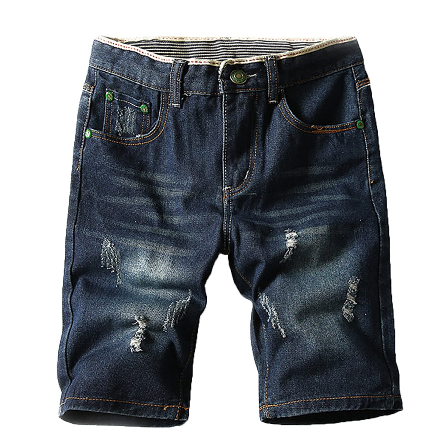 Men's Slim Fit Stretch Denim Shorts - Ripped Distressed Casual Jean Shorts with Straight Leg (Size 36, Dark Blue) | Perfect for Summer Outfits, Beach Wear & Street Style Fashion