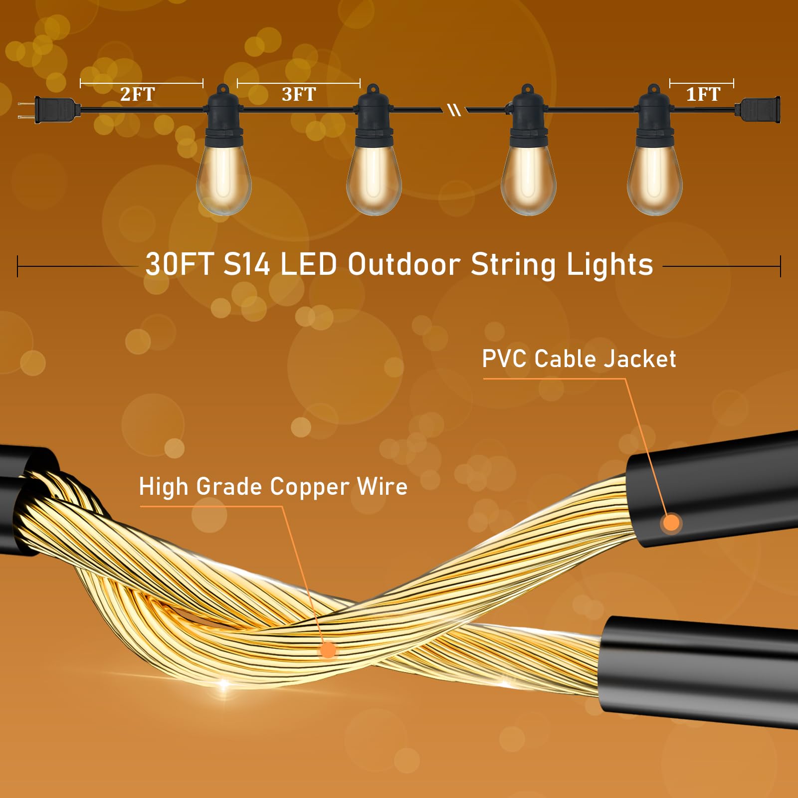 30FT S14 Patio String Lights with 11+1 Clear LED Bulbs | UL Certified Waterproof Outdoor & Indoor Hanging Lights | Commercial Grade Black Wire for Garden, Backyard, Wedding & Restaurant Decor
