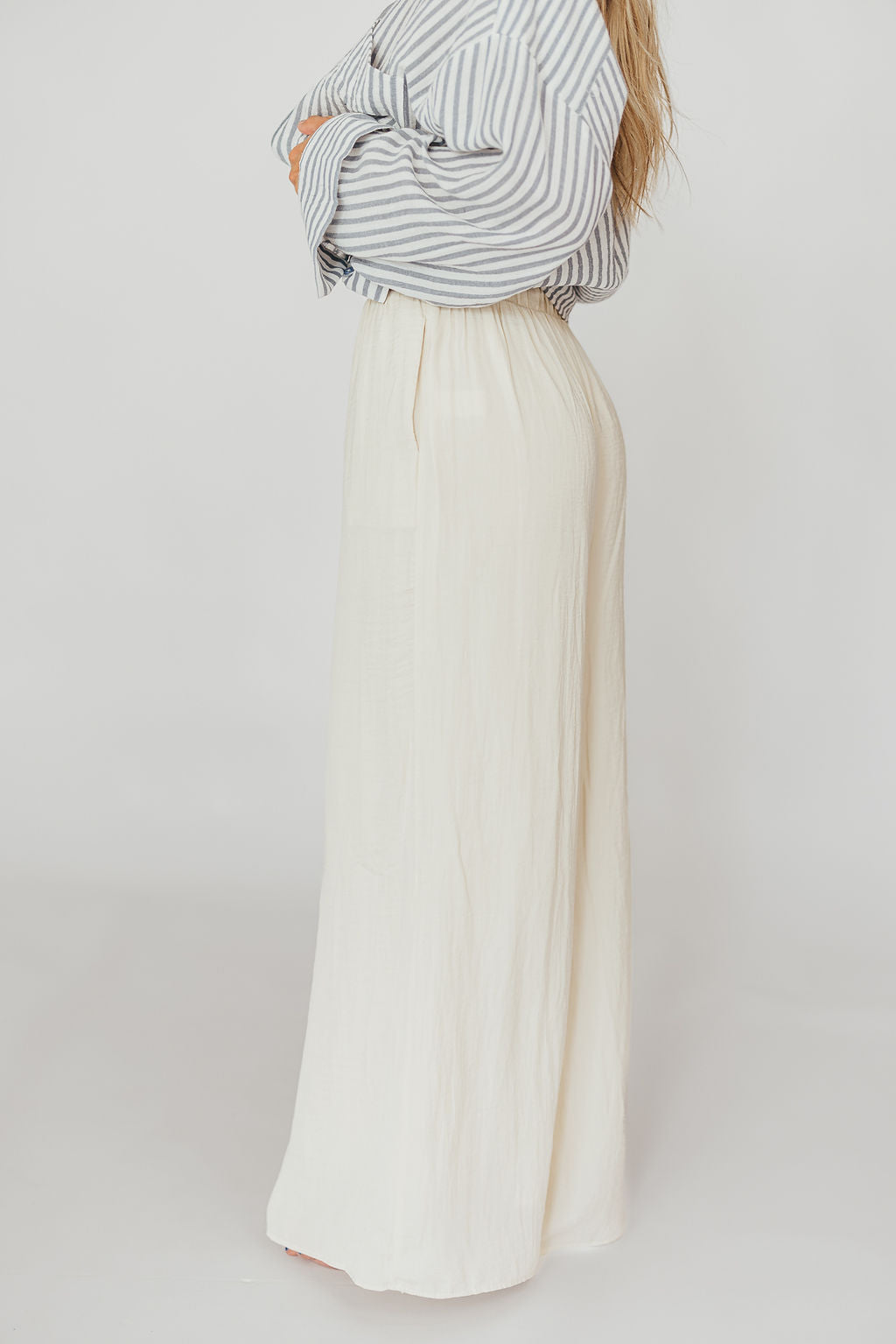 Zahara Women's High Waisted Wide Leg Pants - Soft Linen Blend Ivory Trousers for Work, Office & Casual Wear | Comfortable Elastic Waist Lounge Pants for Summer