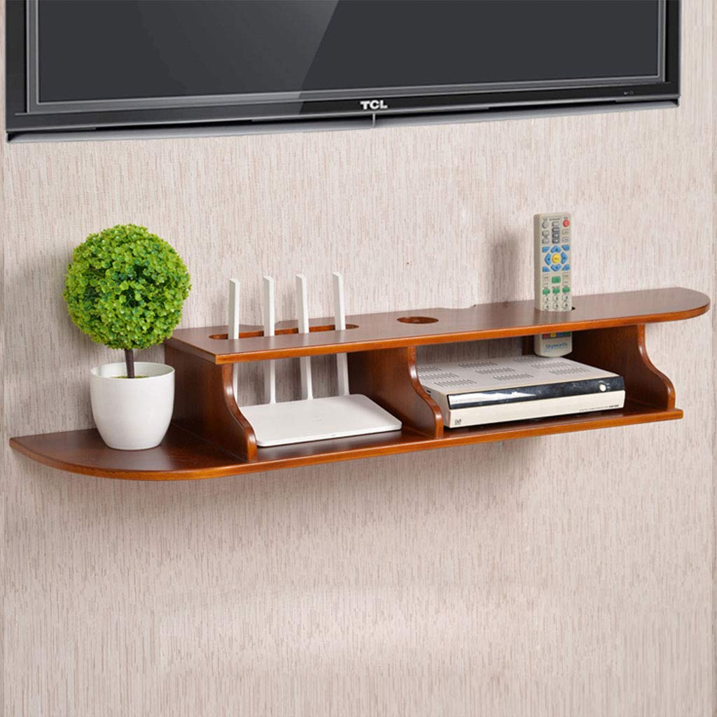 Wooden Router Storage Box & TV Wall Cabinet Set - Light Walnut Wall-Mounted Shelf (98cm) for Cable Management & Media Organization - Perfect for Living Room, Bedroom & Home Theater Setup