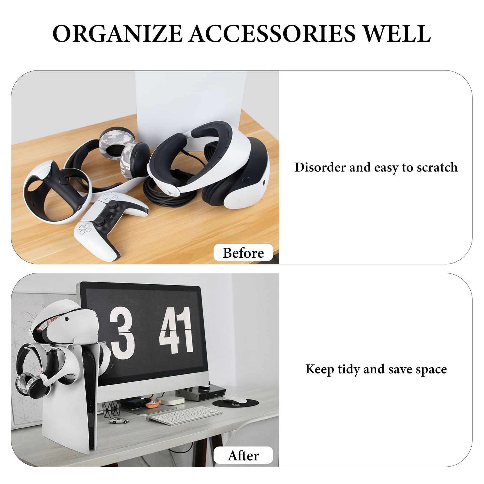 Geekria VR Storage Stand for PSVR2 & PS5 - VR Headset & Controller Holder with 2-in-1 Charging Cable - White | Multi-Functional Gaming Accessory for Organized Playstation Setup & Safe VR Equipment Storage