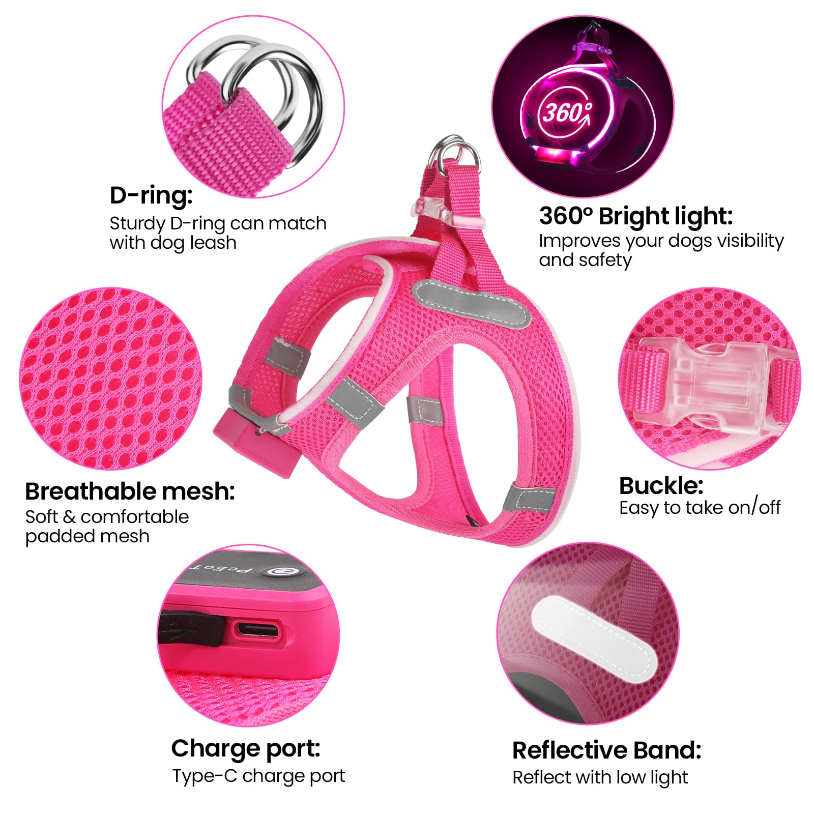 LED Dog Harness with Flashing Lights - Rechargeable No-Pull Reflective Vest for Small & Medium Dogs - Night Walking Safety Gear for Puppies (Pink, Small) - Perfect for Evening Walks, Jogging & Outdoor Adventures