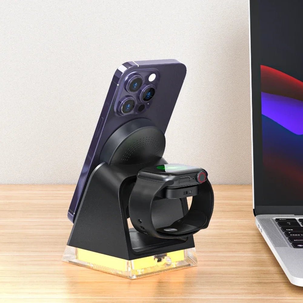 PowerTrio Plus 3-in-1 Magnetic Wireless Charging Station for iPhone 14/13/12 - Fast Charging Stand for iPhone, AirPods & Apple Watch - Perfect for Home, Office & Nightstand Use