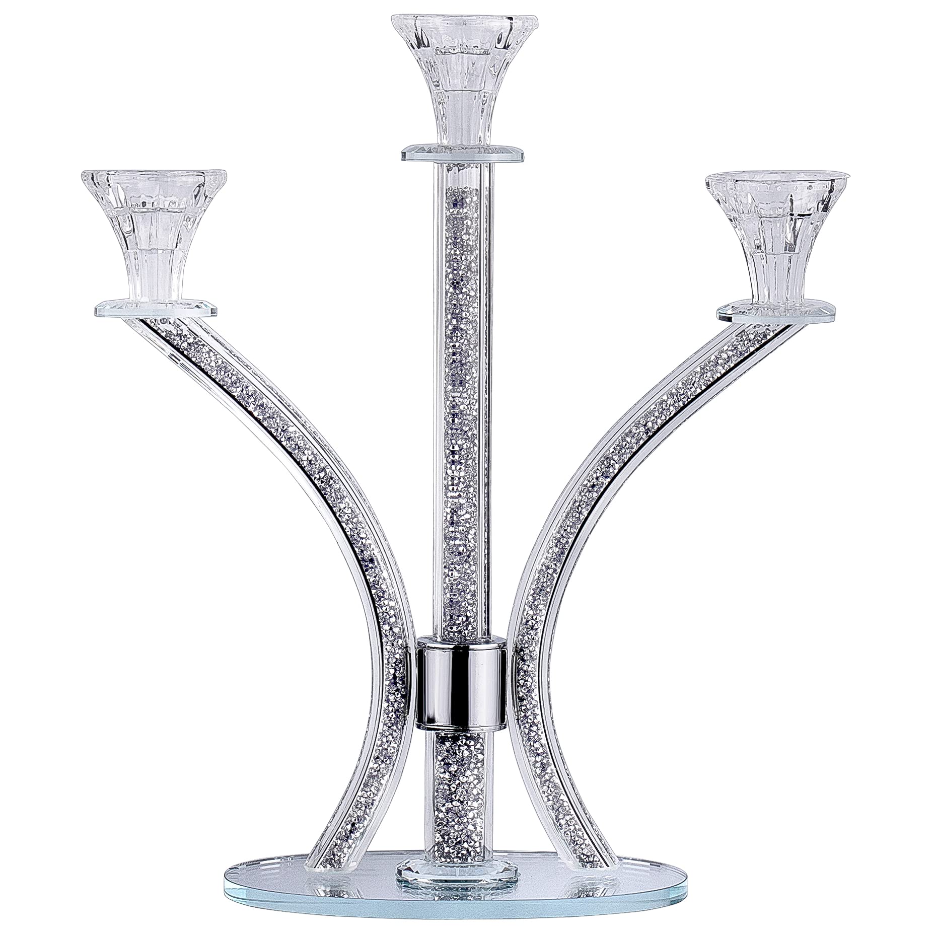 3-Arm Silver Crystal Candelabra Candle Holders - Elegant Modern Centerpiece for Taper & Tea Light Candles - Perfect for Wedding Decor, Dining Table, Romantic Dinner, and Home Decoration