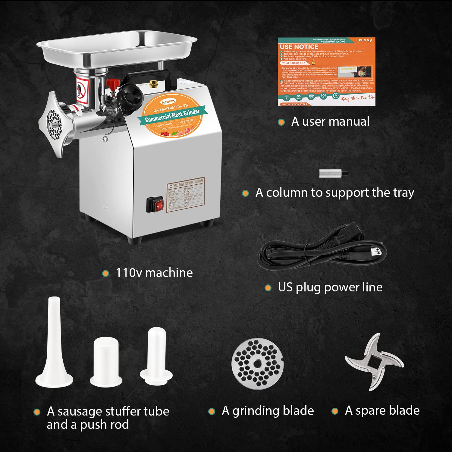 950W Commercial Electric Meat Grinder - Heavy Duty Industrial Meat Mincer & Sausage Stuffer with 3/6/8mm Plates - 1.3HP 110V for Restaurants & Butchers - Grinds Chicken Bones & Beef - Perfect for Professional Kitchens, Delis & Home Butchering