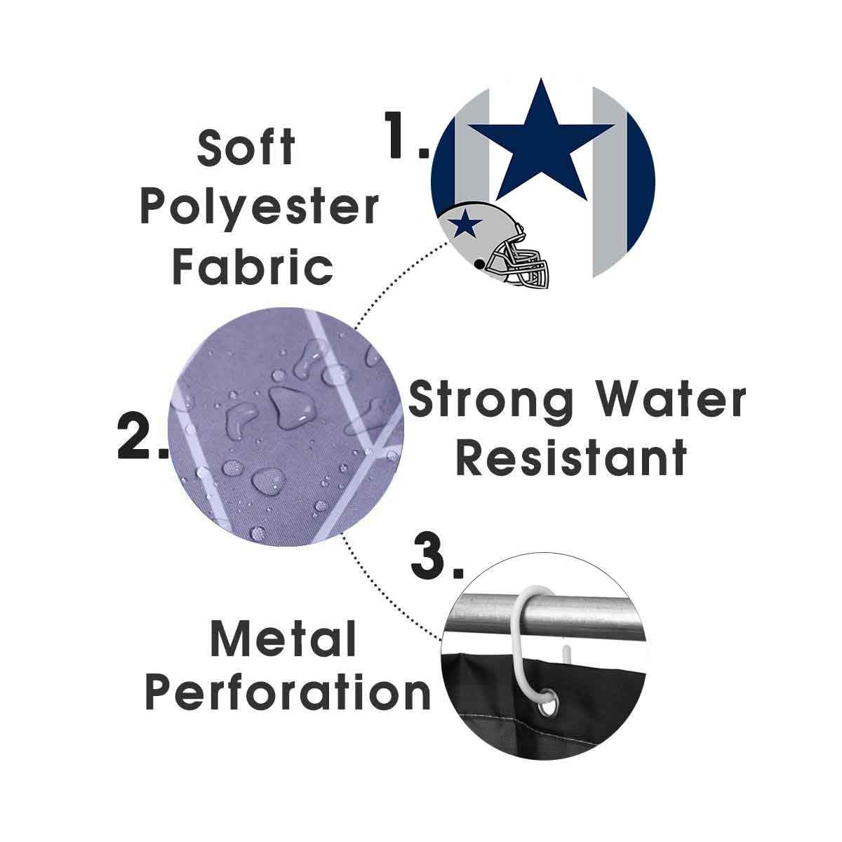 4-Piece American Football Shower Curtain Set with Non-Slip Bath Rugs - Texas Star Championship Player Design in White & Navy Blue Stripes - Modern Sports Bathroom Decor for Men - Perfect for Game Day, Sports-Themed Bathrooms & Football Fan Gifts